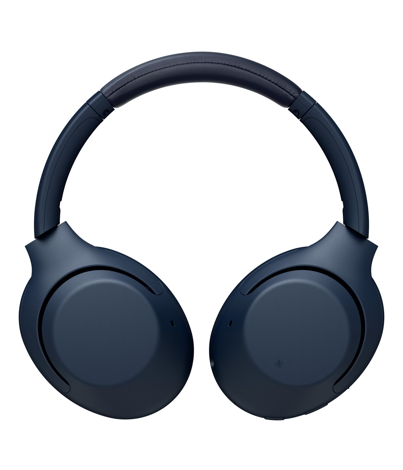 Auriculares azul oscuro con diadema, auriculares y fondo blanco.