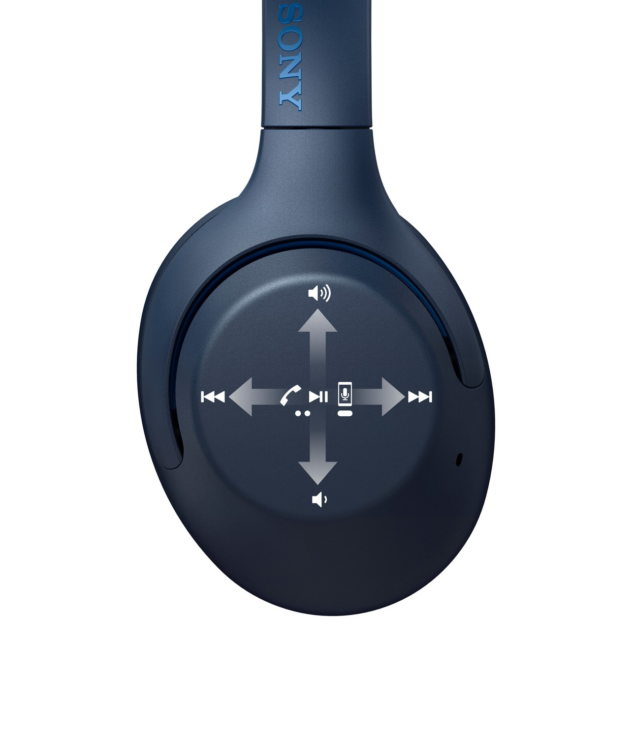 Auriculares Sony azul marino con botones de control. Los auriculares están sobre fondo blanco.