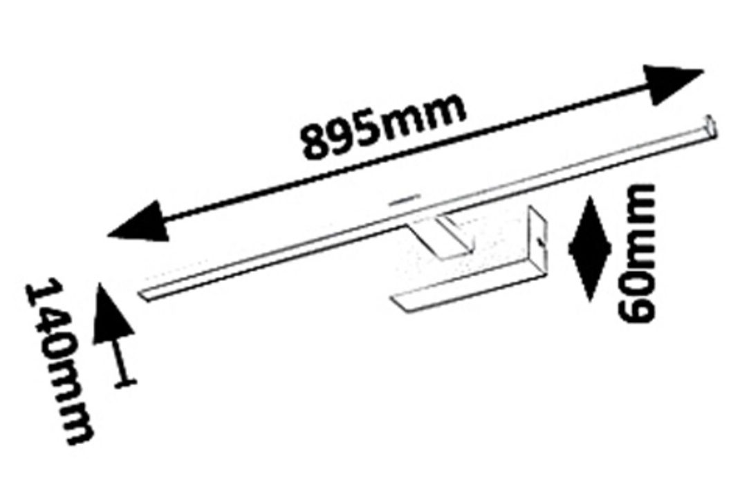 Méreteket mutató diagram. Egy hosszú rúd, 895 mm hosszúságú, 60 mm magas és 140 mm széles, tartószerkezetekkel.