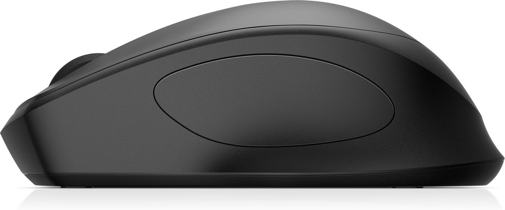 Un ratón de computadora negro. Es una vista lateral, que muestra su forma curva y sus botones.