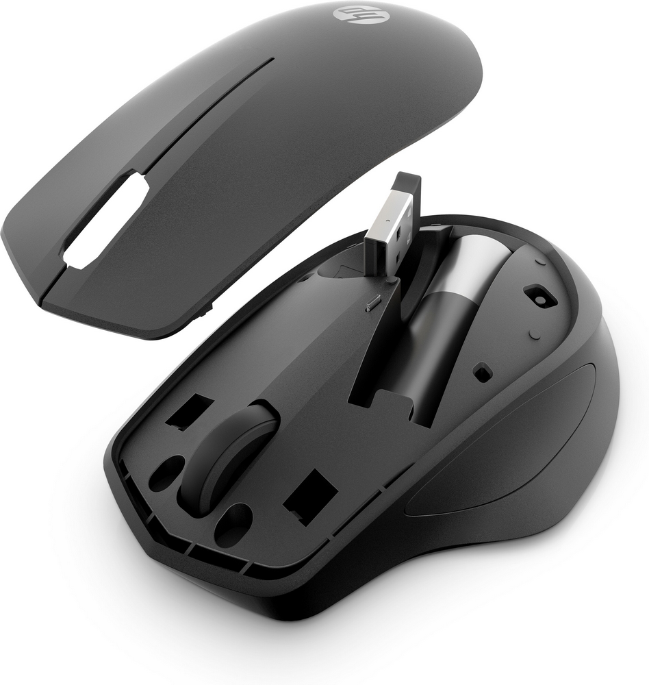 Ratón negro, abierto, mostrando el interior con batería y USB.