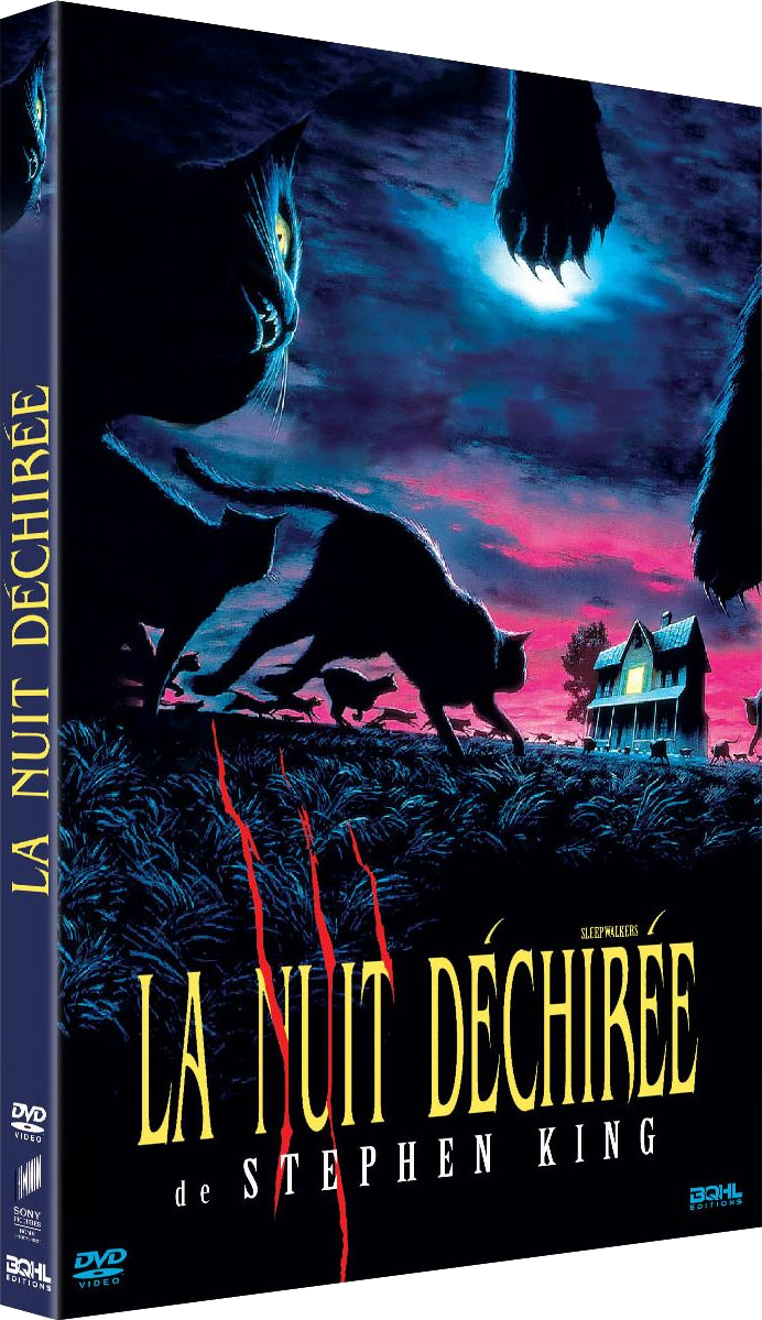 Couverture DVD de 'La Nuit Déchirée' de Stephen King, avec chats et une maison.