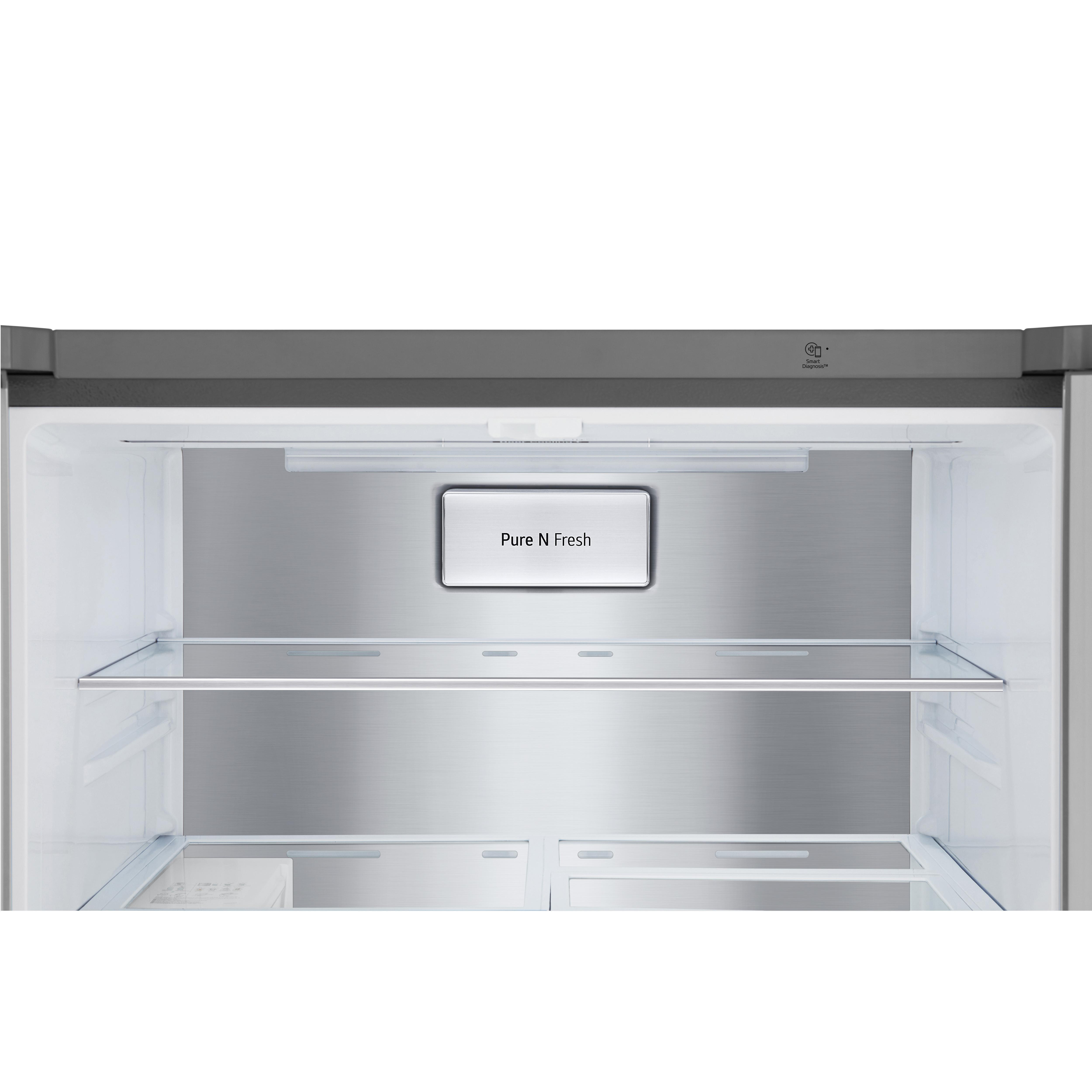 Innenseite eines Kühlschranks mit Glasböden und einem 'Pure N Fresh'-Etikett.