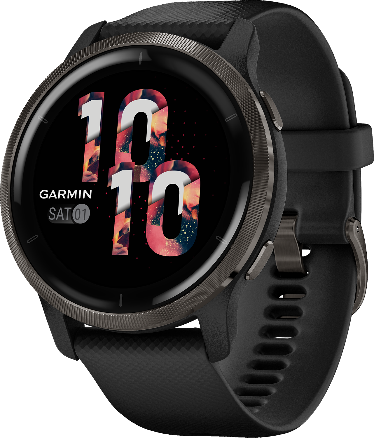 Garmin Smartwatch zeigt das Datum an. Schwarze Uhr.