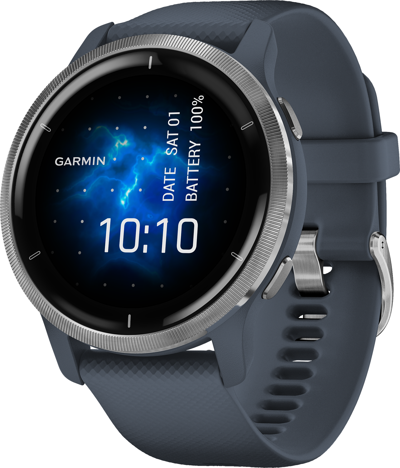 Een grijze Garmin smartwatch met een rond display dat datum, batterij en tijd toont.