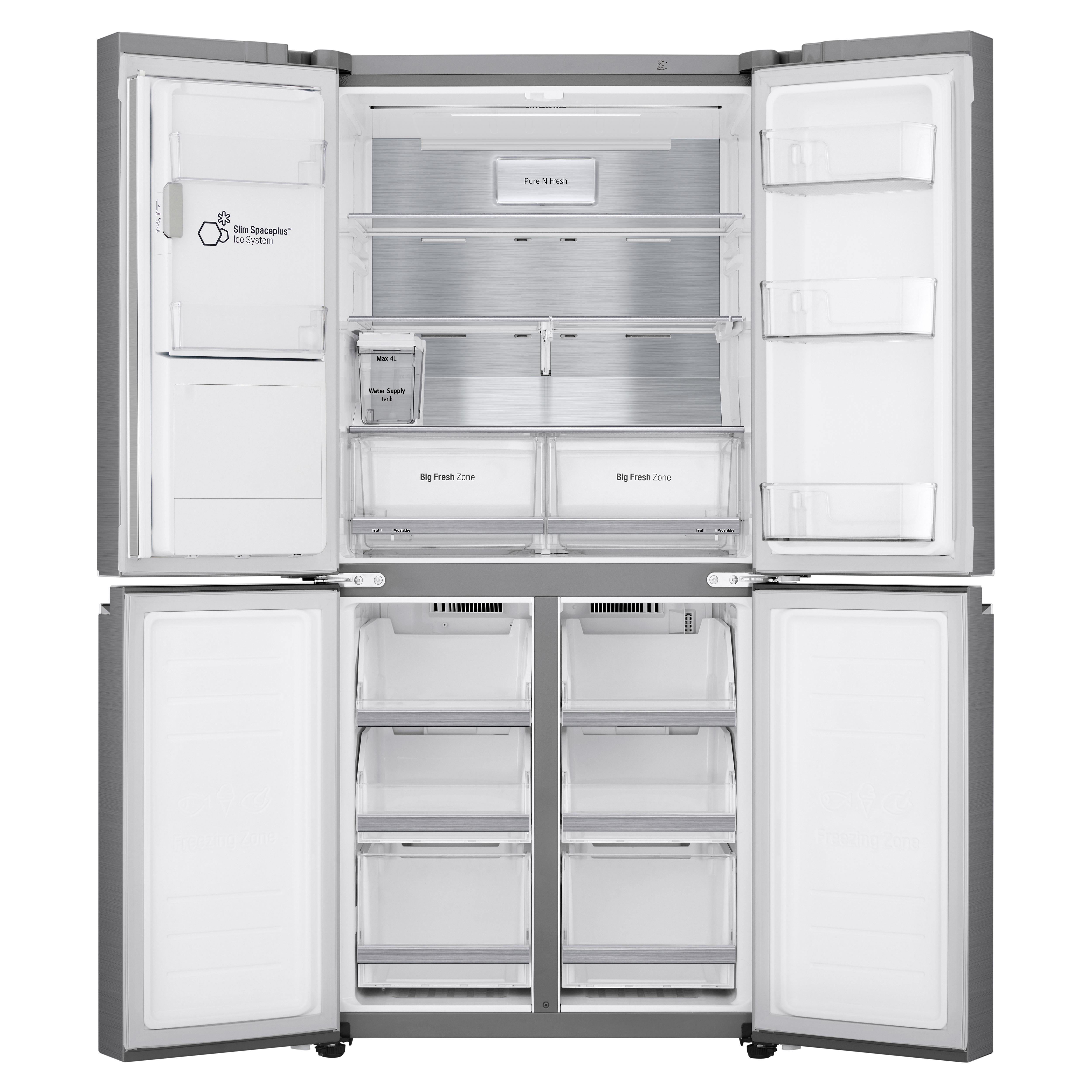 Geöffneter Edelstahlkühlschrank mit vier Türen. Der Innenraum zeigt Regale und Schubladen.