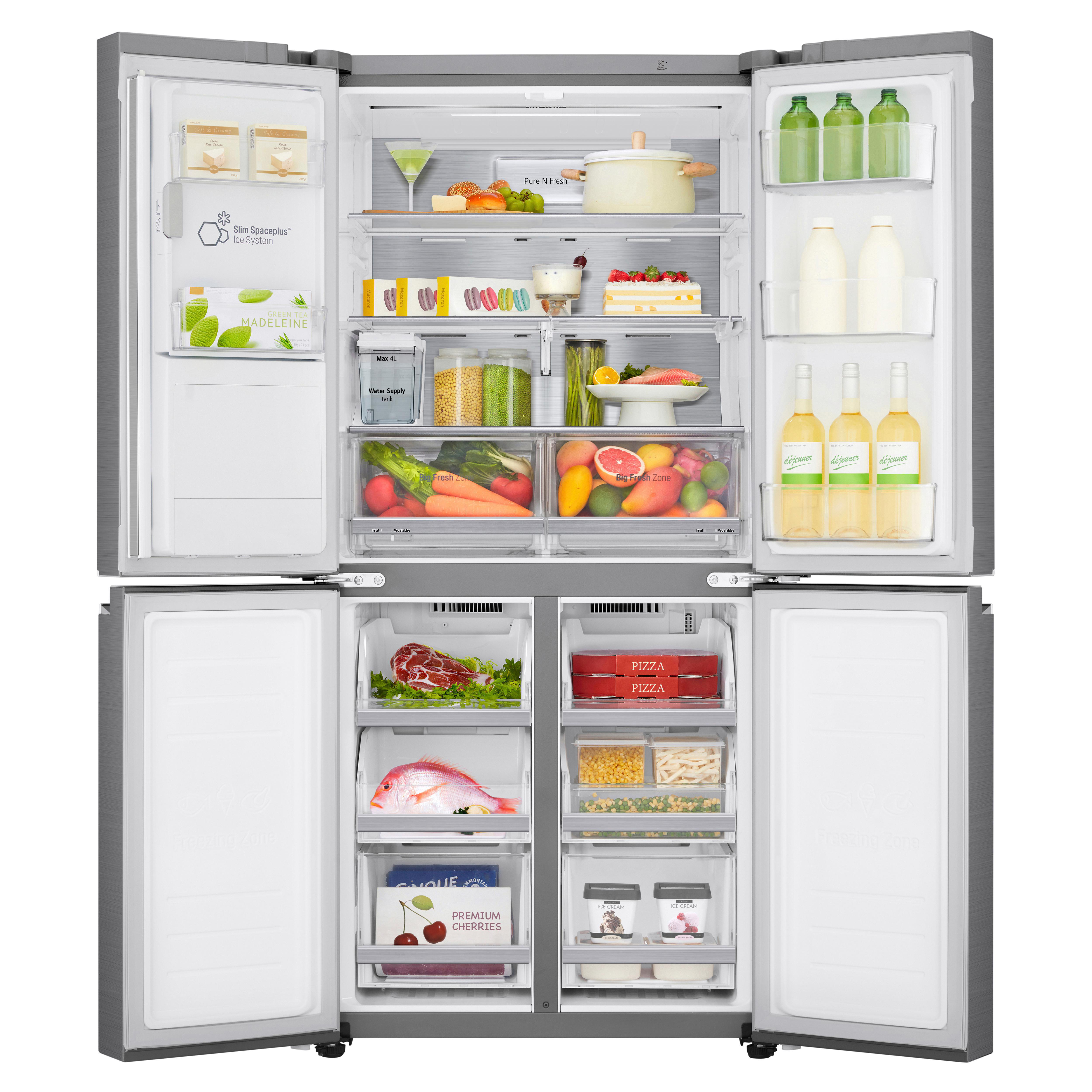 Geöffneter Edelstahlkühlschrank mit Lebensmitteln, die Organisation zeigend.
