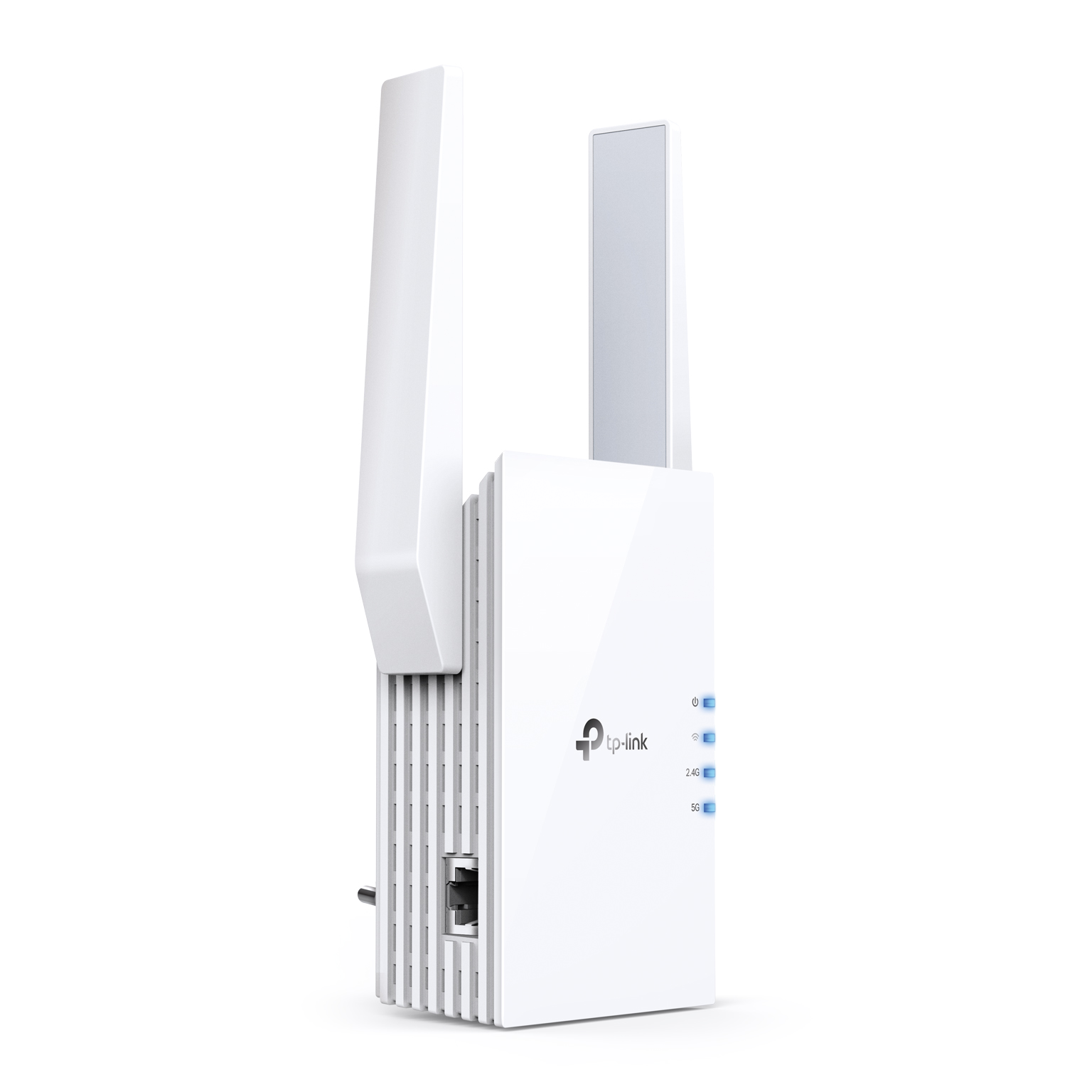 A white TP-Link wifi extender with two antennas and indicator lights.