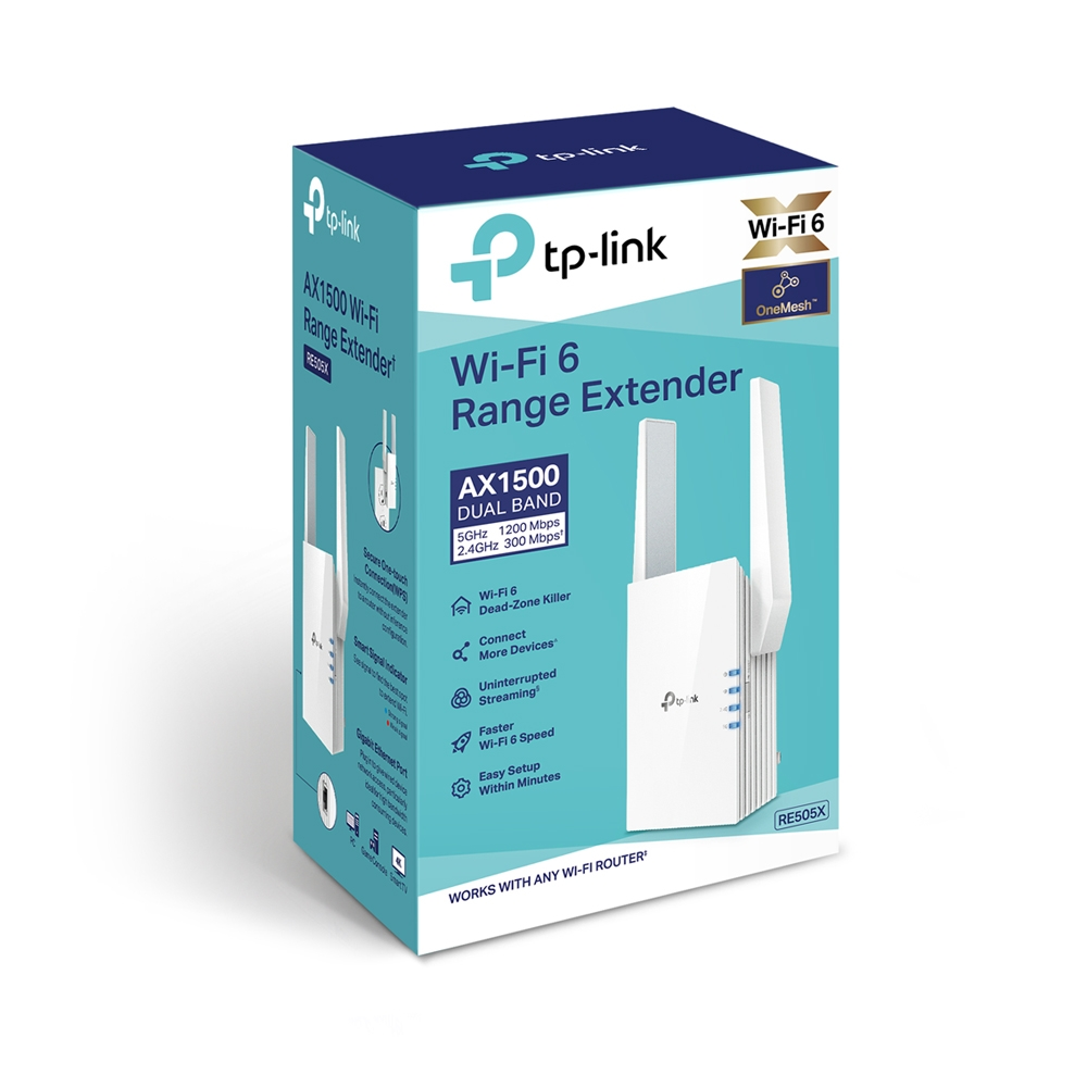 A white and blue Wi-Fi 6 Range Extender box with product details and features.