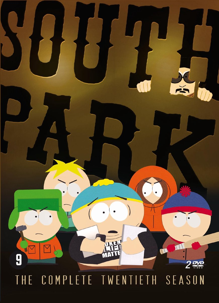 South Park dvd-hoes. Toont de hoofdpersonages met tekst en een cartoongezicht.