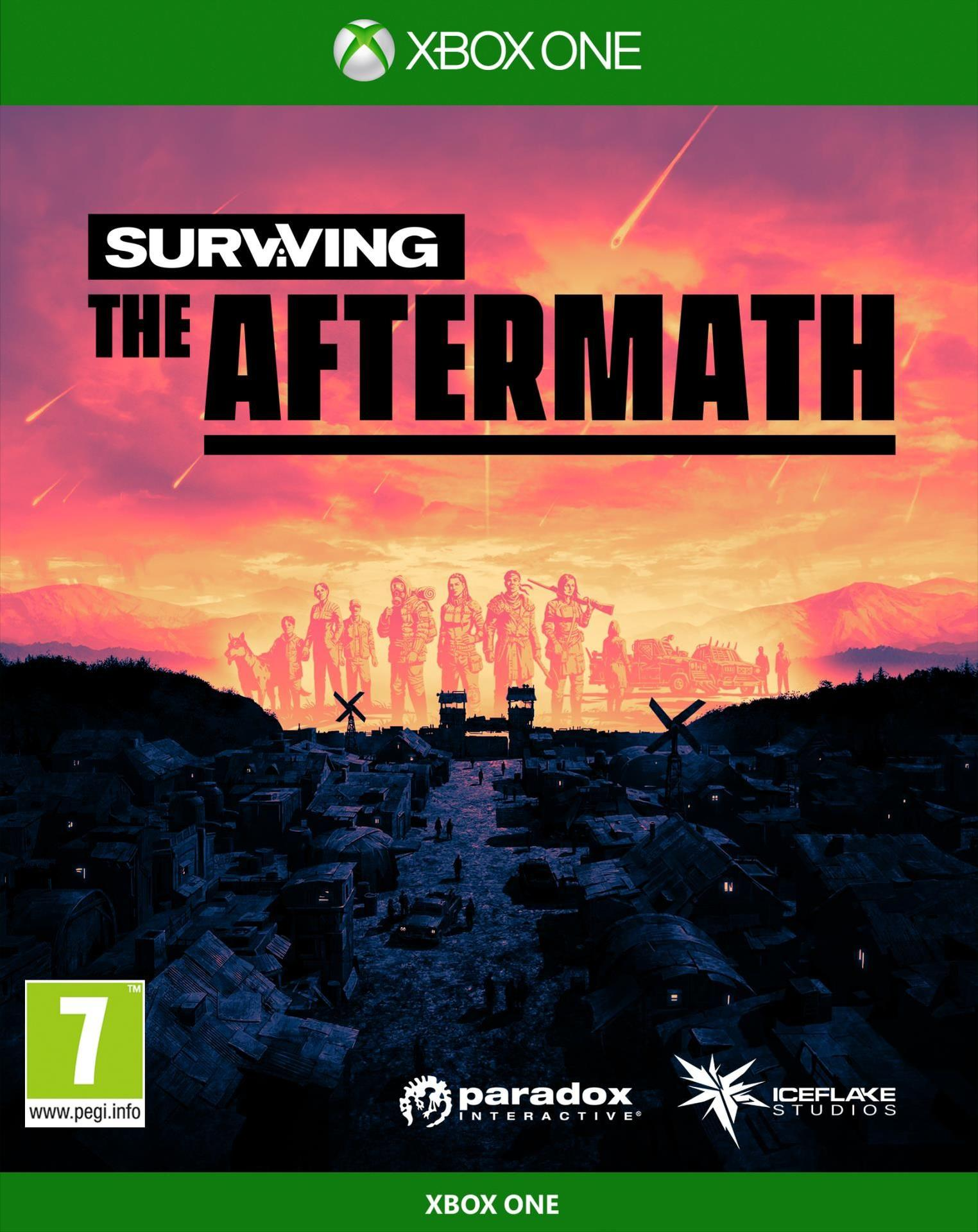 Xbox One game cover for 'Surviving the Aftermath,' featuring survivors and a post-apocalyptic scene.