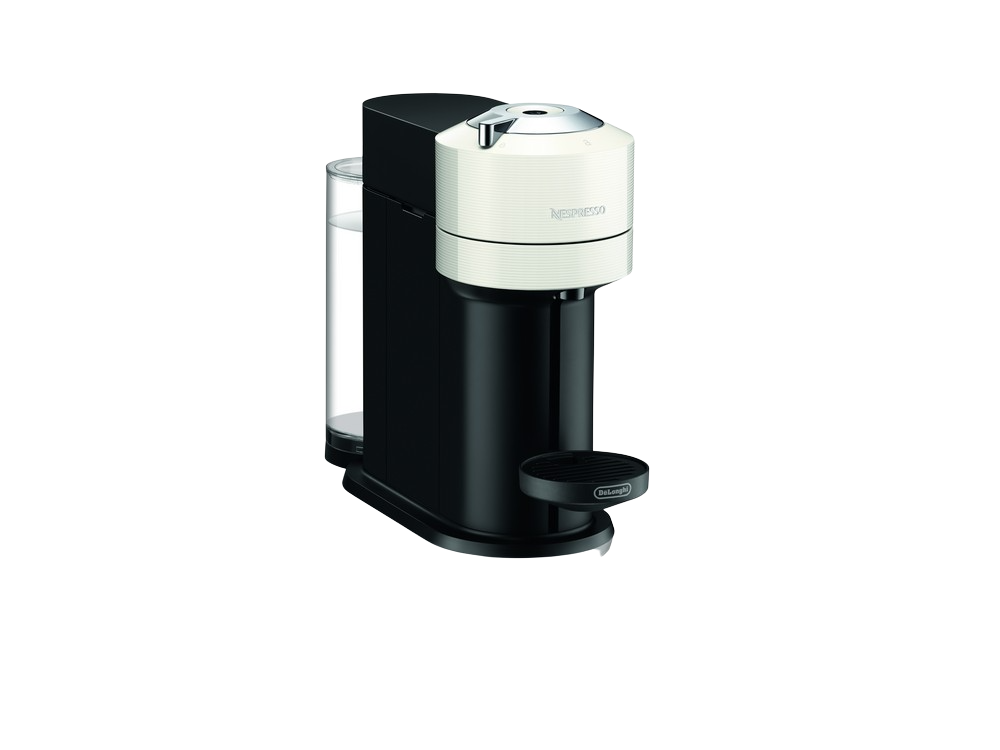 Una cafetera Nespresso en blanco y negro.