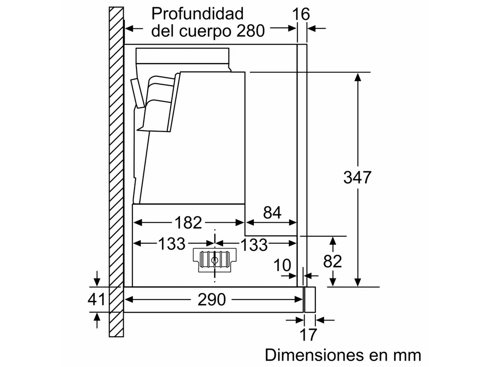 Dibujo técnico de un electrodoméstico empotrado con dimensiones en milímetros.
