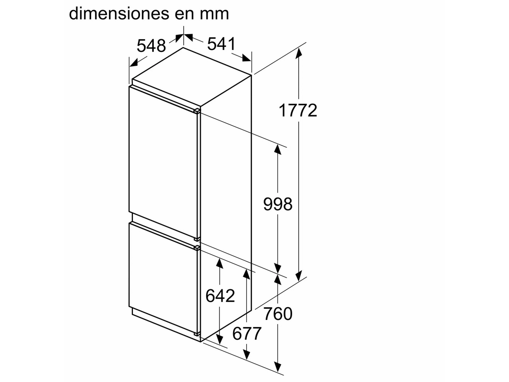 Dibujo técnico de un refrigerador, mostrando dimensiones en milímetros.