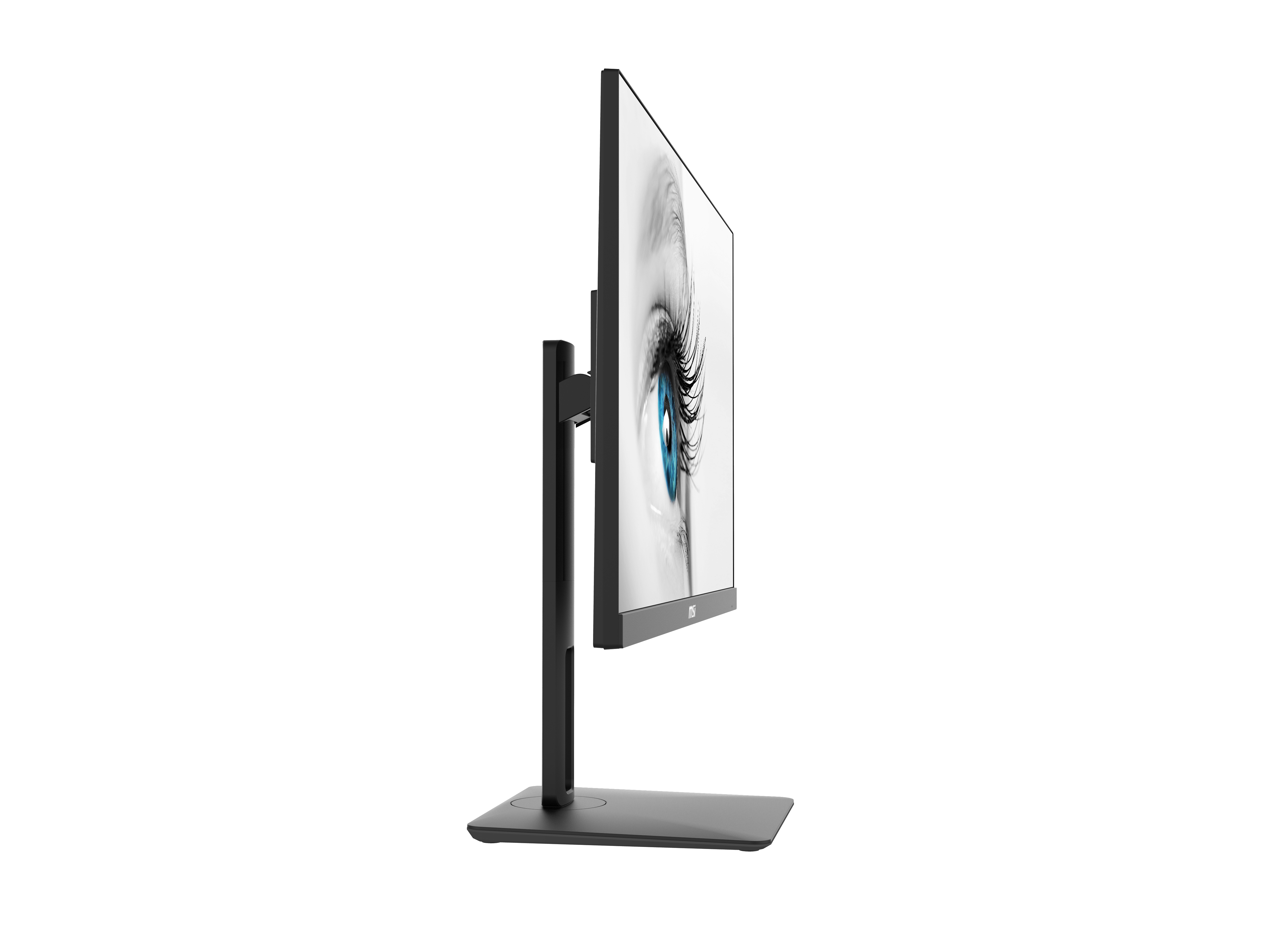 Ein schwarzer Computermonitor auf einem Ständer. Der Bildschirm zeigt ein blaues Auge.