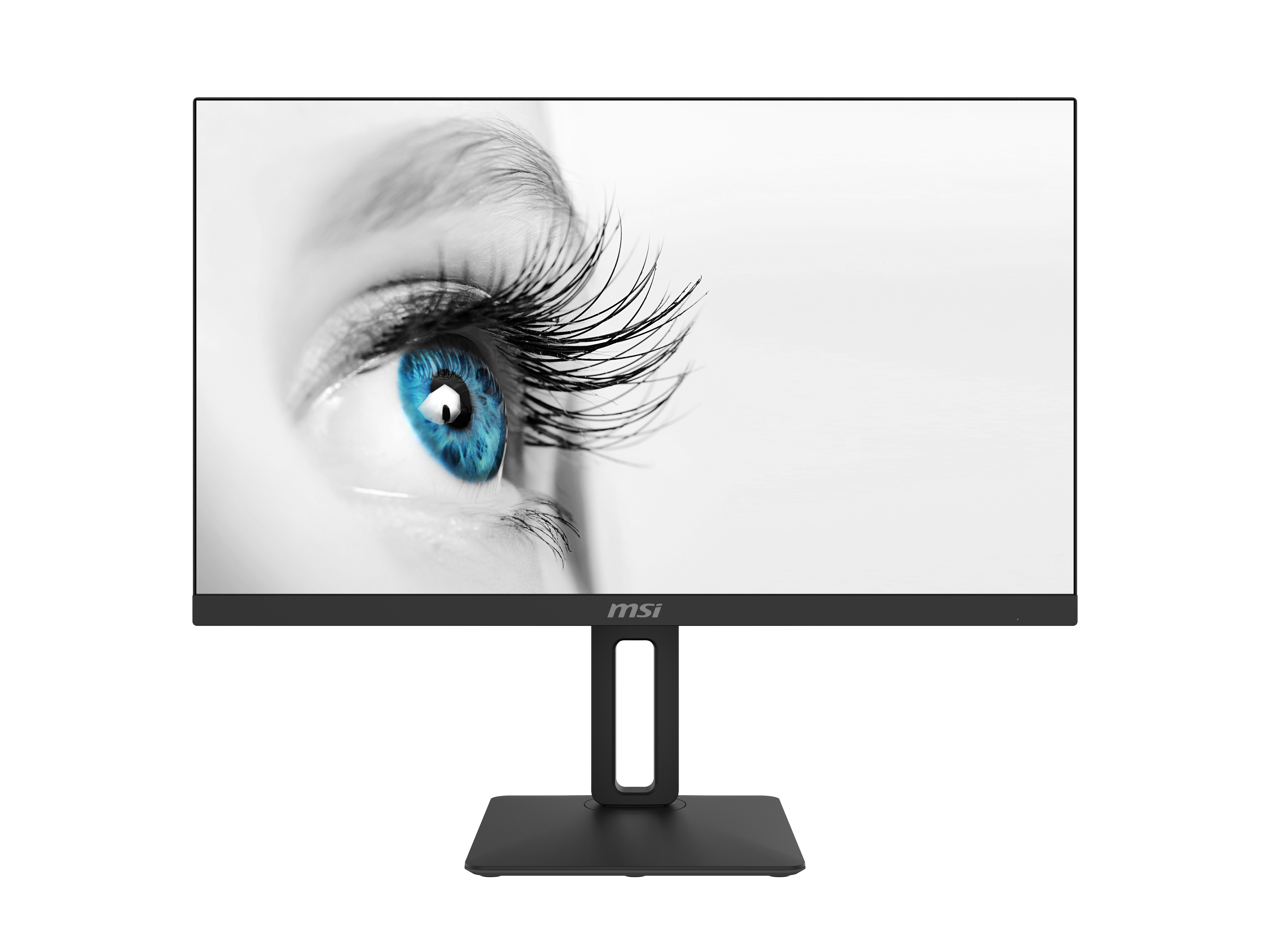 MSI-Monitor, der eine Nahaufnahme eines blauen Auges mit langen Wimpern zeigt.