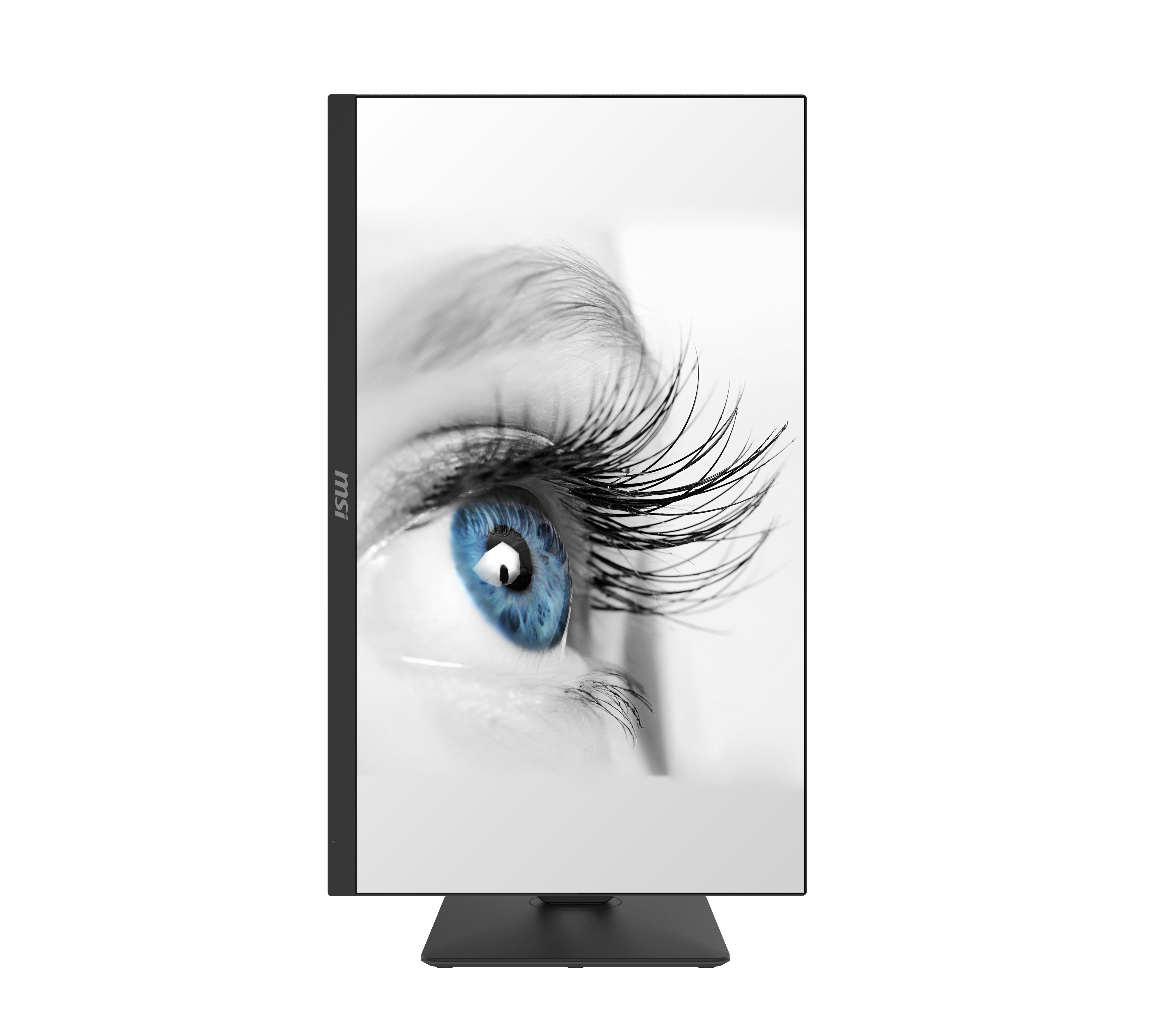 Ein Monitor zeigt ein Auge mit blauer Iris und langen Wimpern in Nahaufnahme.