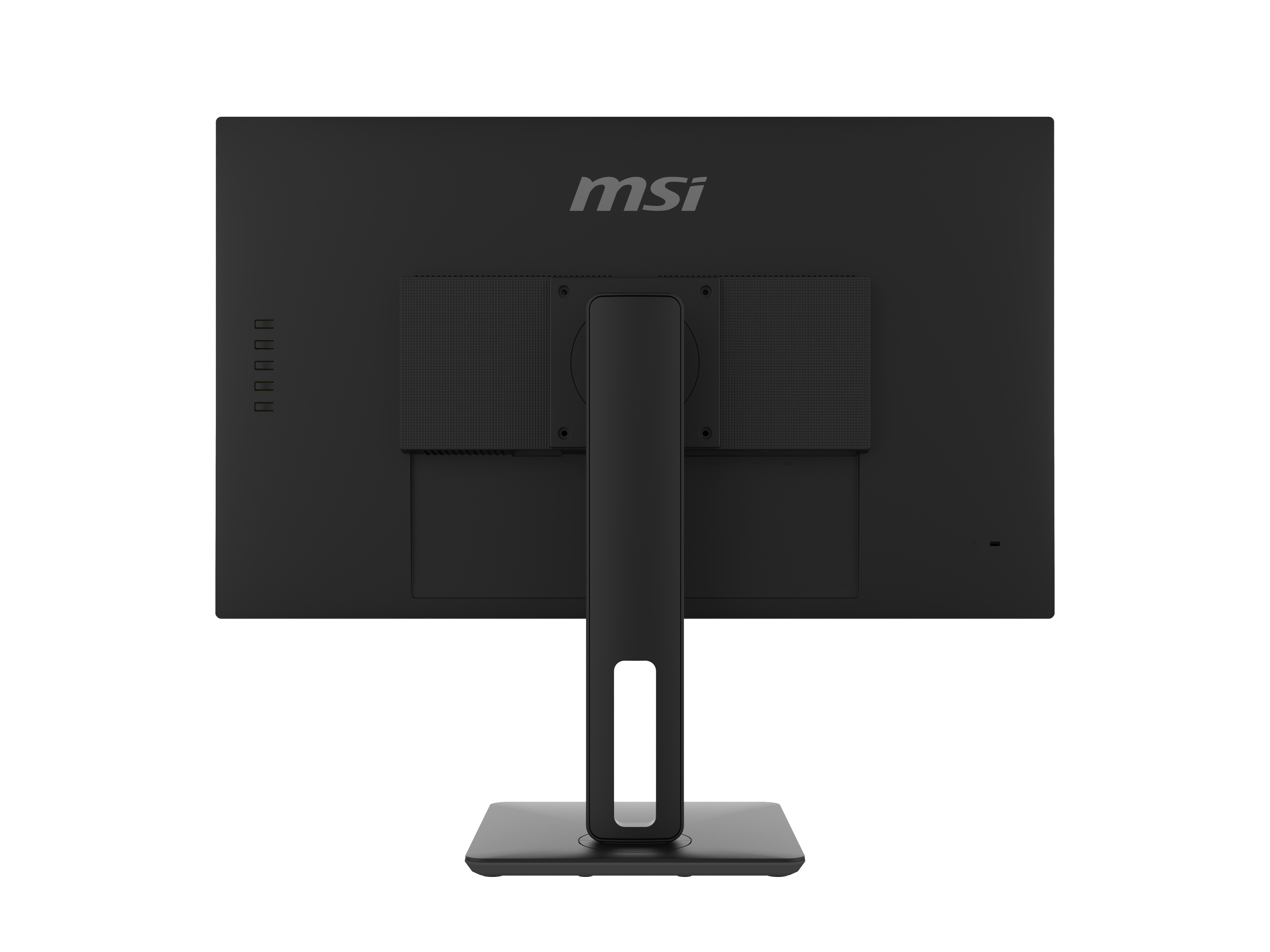 Rückseite eines schwarzen MSI-Monitors mit Ständer. Das MSI-Logo oben.