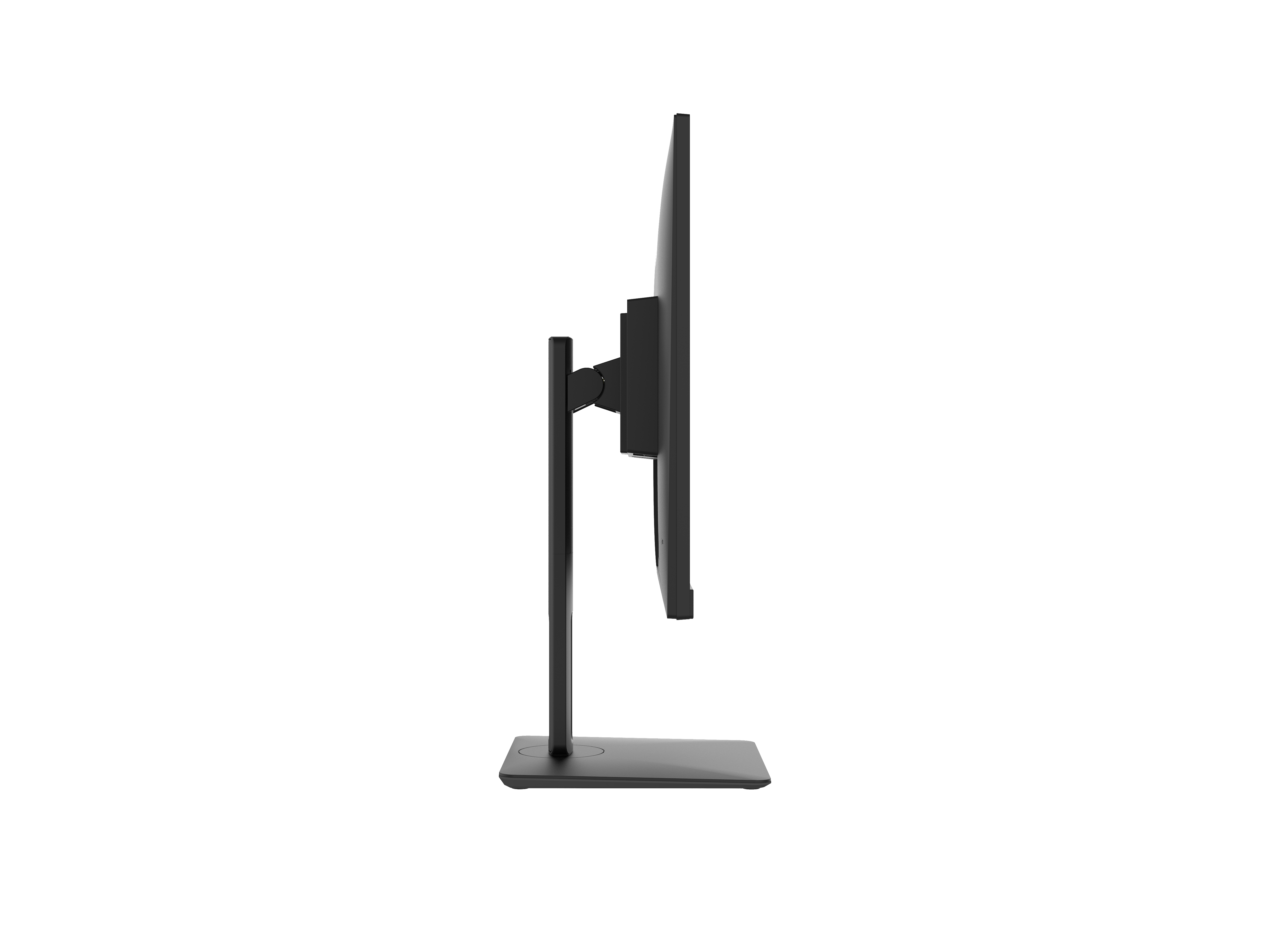 Schwarzer Computermonitor, Seitenansicht, auf Ständer, vor weißem Hintergrund. Modernes Design.
