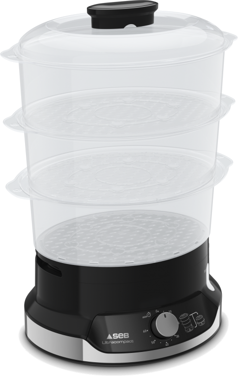A three-tier, transparent food steamer on a black base with a dial.
