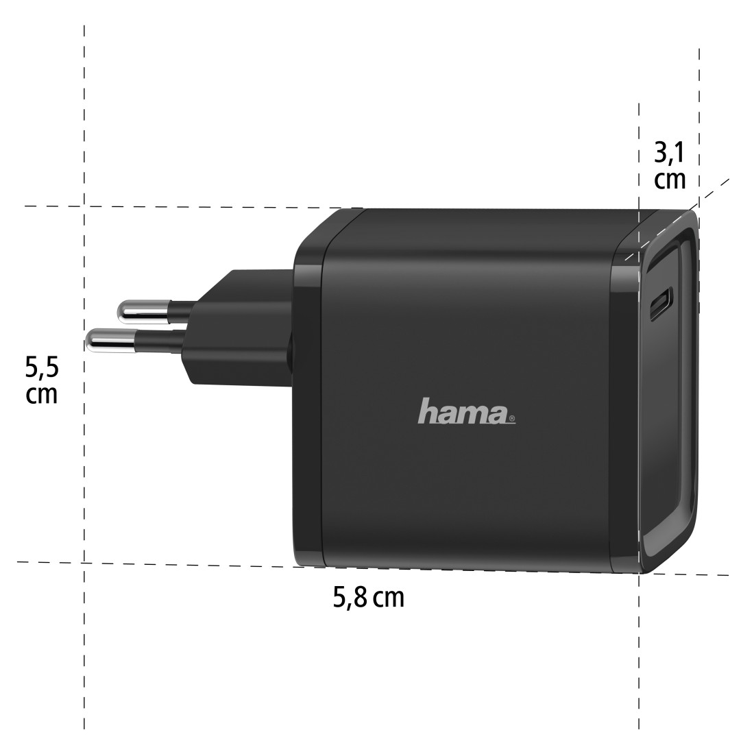 Ein schwarzes Hama-Ladegerät mit Abmessungen auf weißem Hintergrund. Es hat einen Stecker und einen USB-Anschluss.