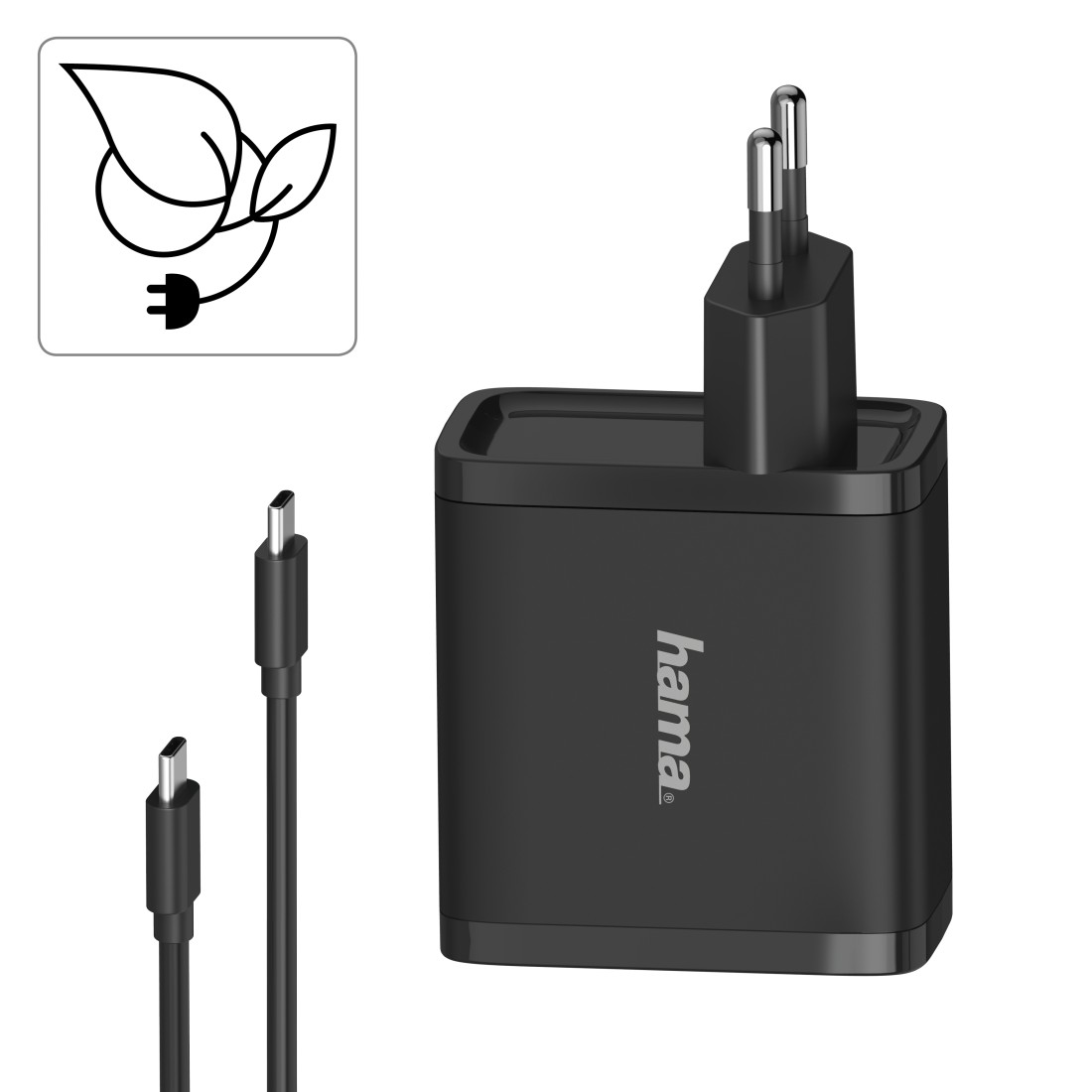 Ein schwarzes Telefonladegerät und Kabel mit einem umweltfreundlichen Symbol.