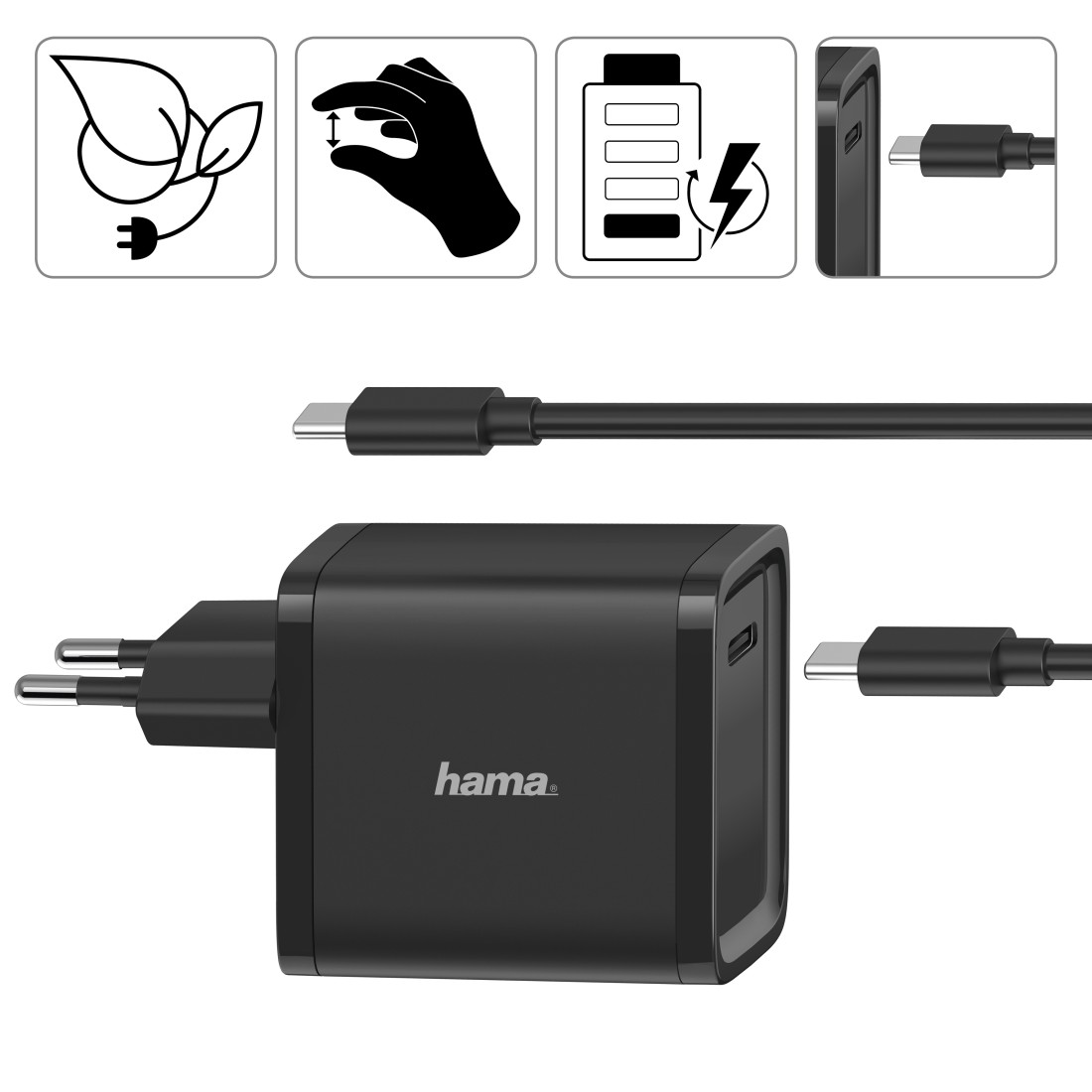 Schwarzes Hama-Ladegerät mit Symbolen: Blatt mit Stecker, Hand, Akku und USB-C-Kabel.