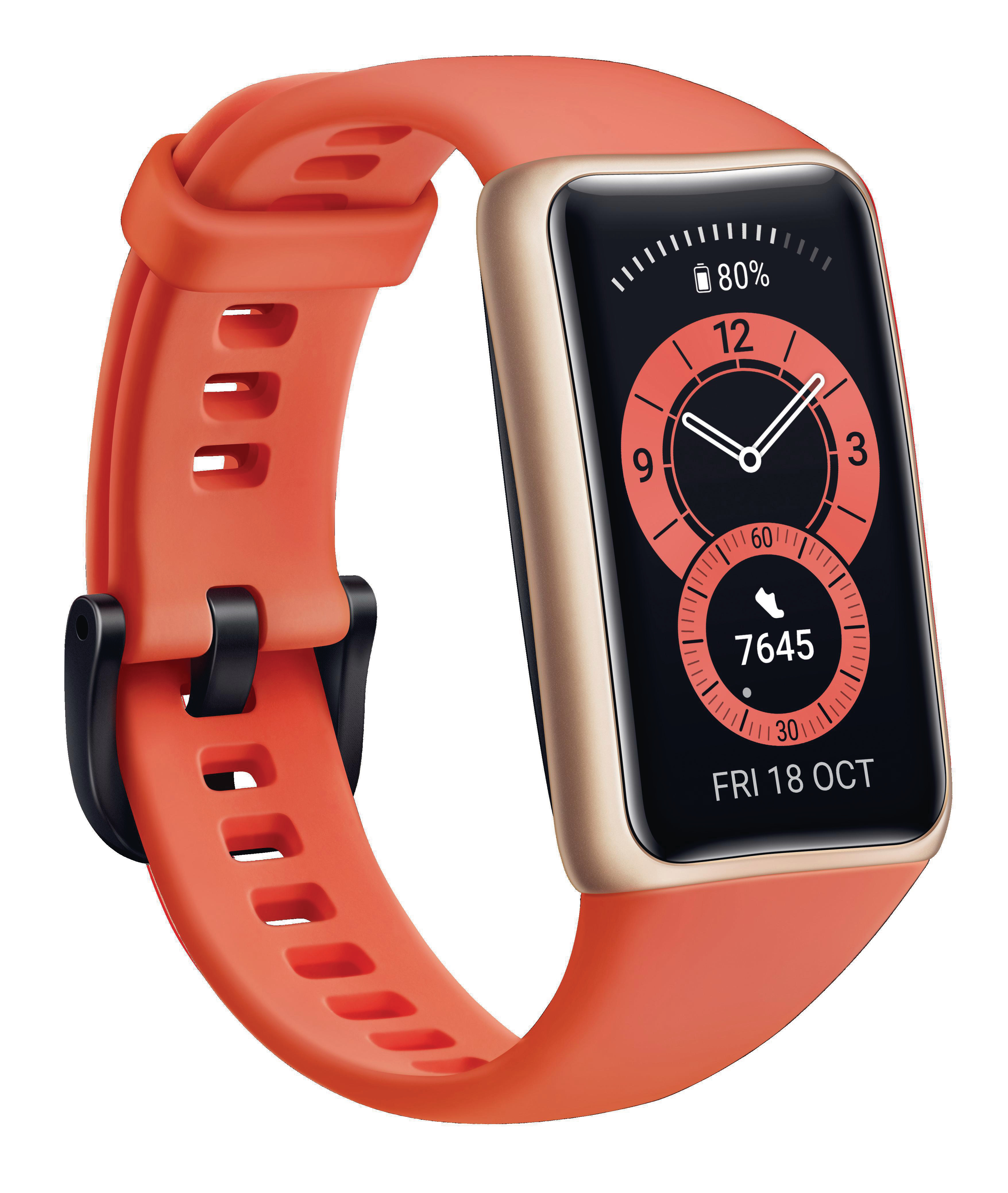 Orangefarbene Smartwatch mit Zeit- und Aktivitätsanzeige am Handgelenk.