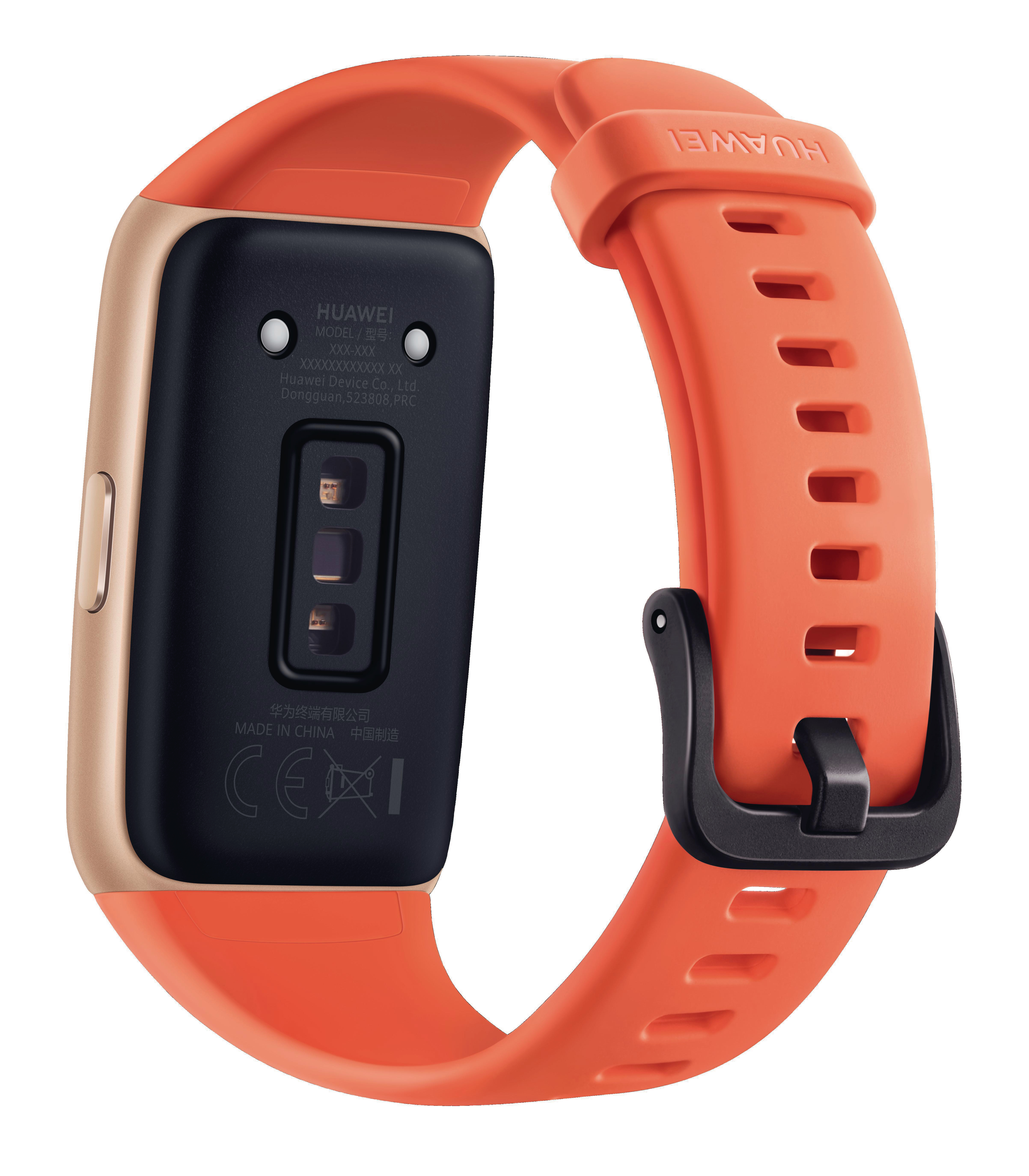Orangene Fitness-Tracker-Uhr mit schwarzer Rückseite. Goldene Seiten, schwarze Bandschnalle, weißer Hintergrund.