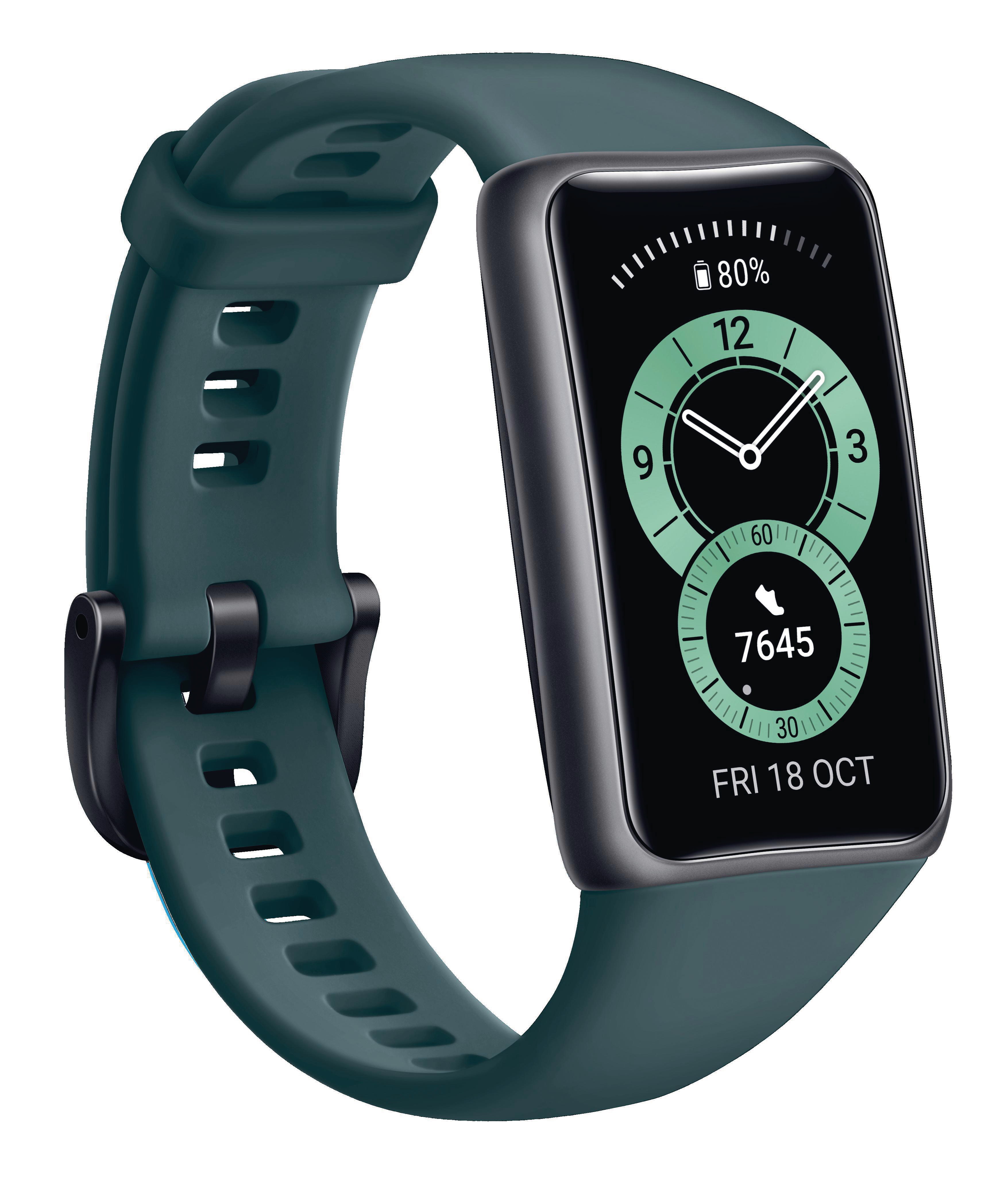 Eine Smartwatch mit grünem Armband, die Zeit, Datum und einen Batterieprozentsatz anzeigt. Die Uhr hat ein schwarzes Zifferblatt.