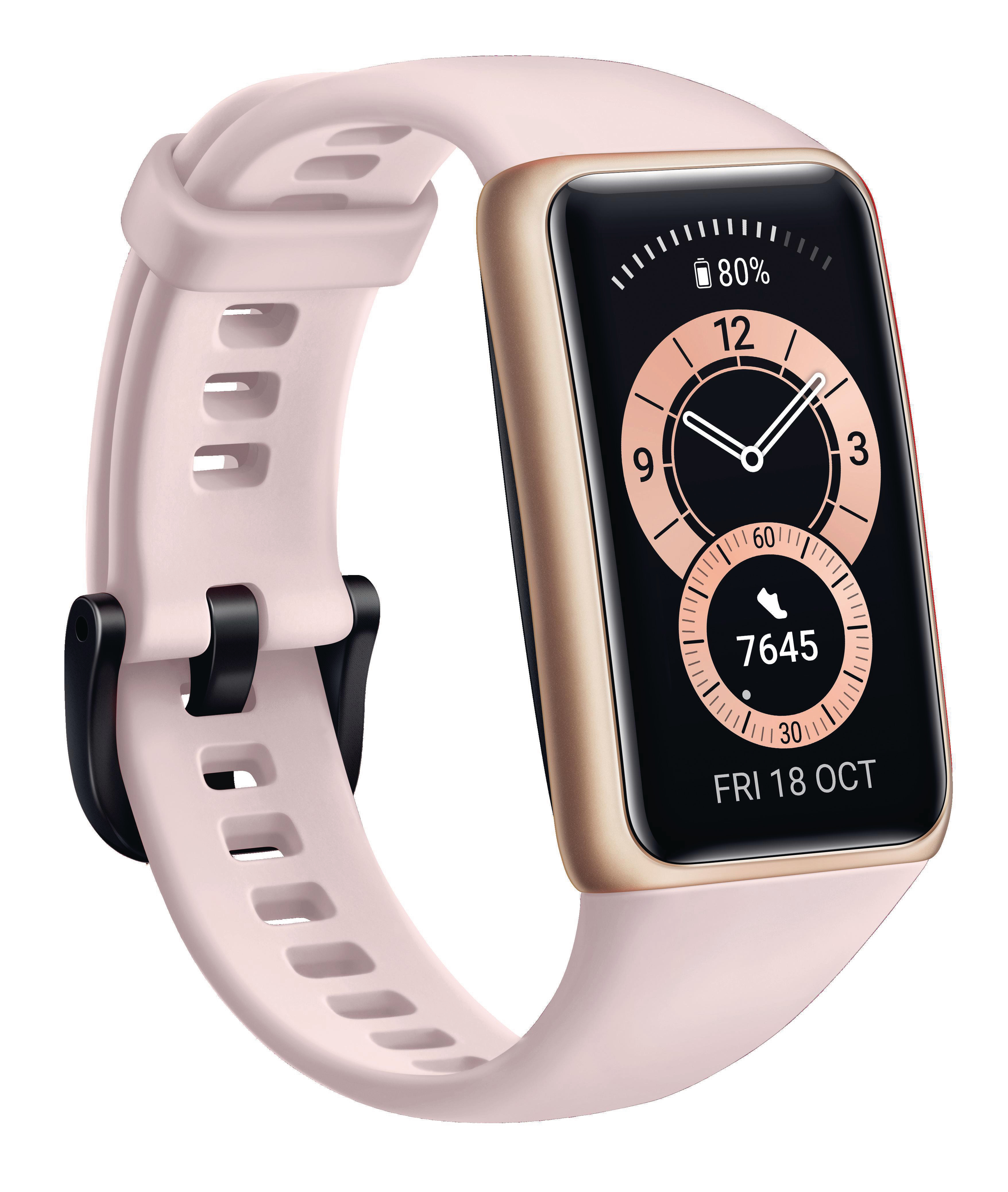 Eine pinkfarbene Smartwatch mit schwarzem Bildschirm, der eine Uhr und die Zeit anzeigt. Das Band ist hellrosa.