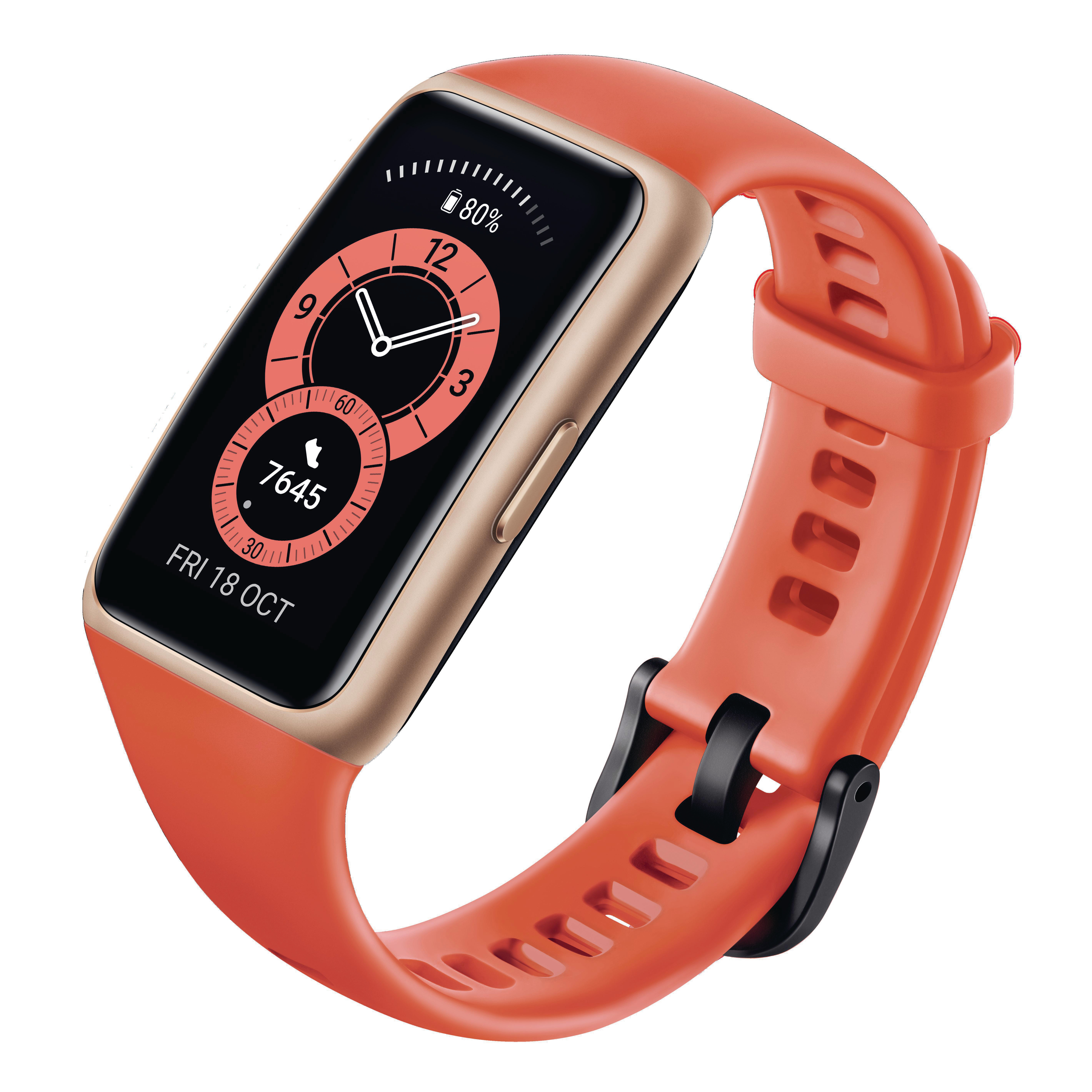 Eine Smartwatch mit orangefarbenem Armband und schwarzem Bildschirm, der die Uhrzeit, Herzfrequenz und Akkustand anzeigt.