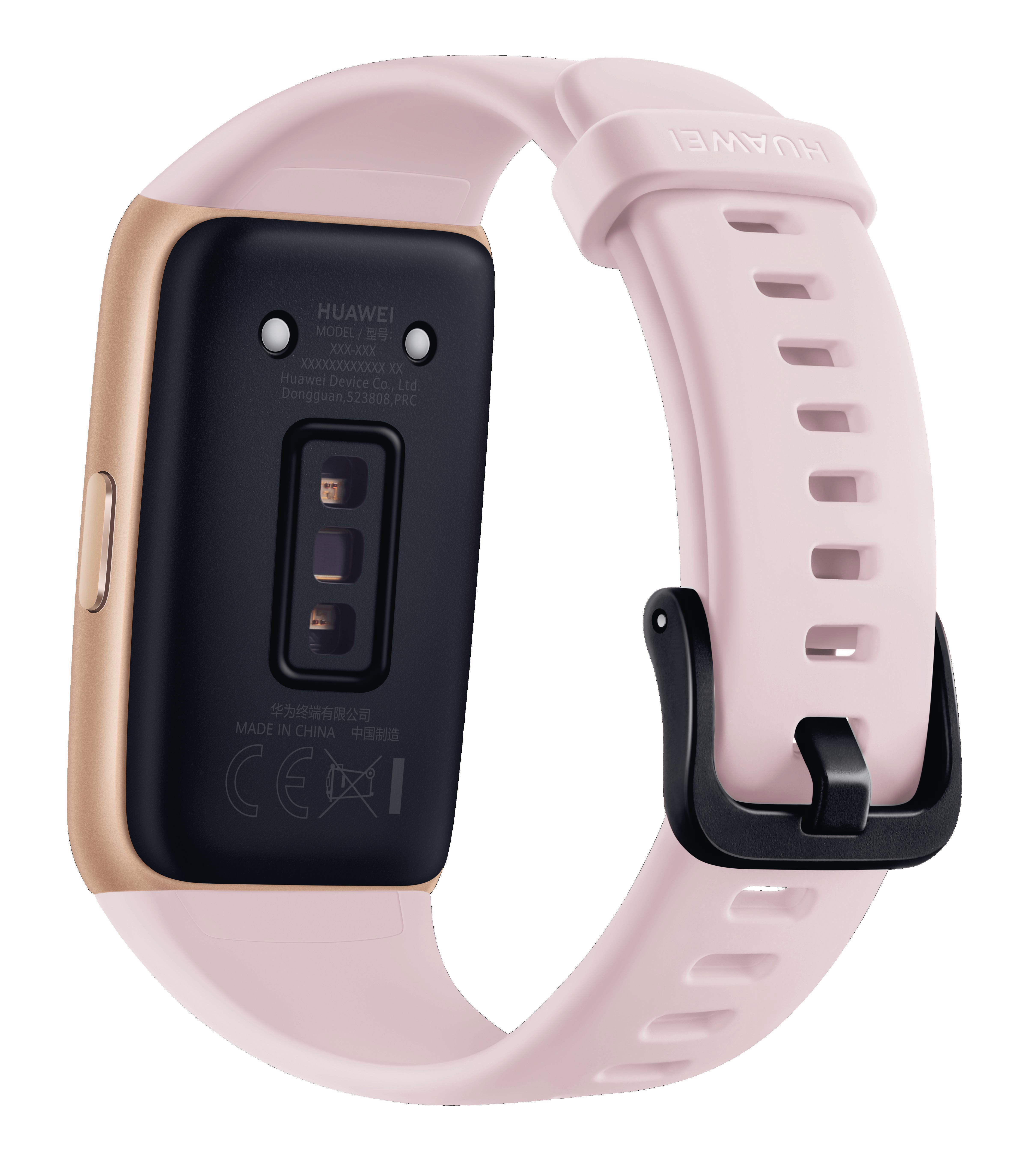 Rosa Huawei Fitnesstracker auf weißem Hintergrund. Merkmale sind ein rosa Armband, ein goldener Rahmen und eine schwarze Unterseite.