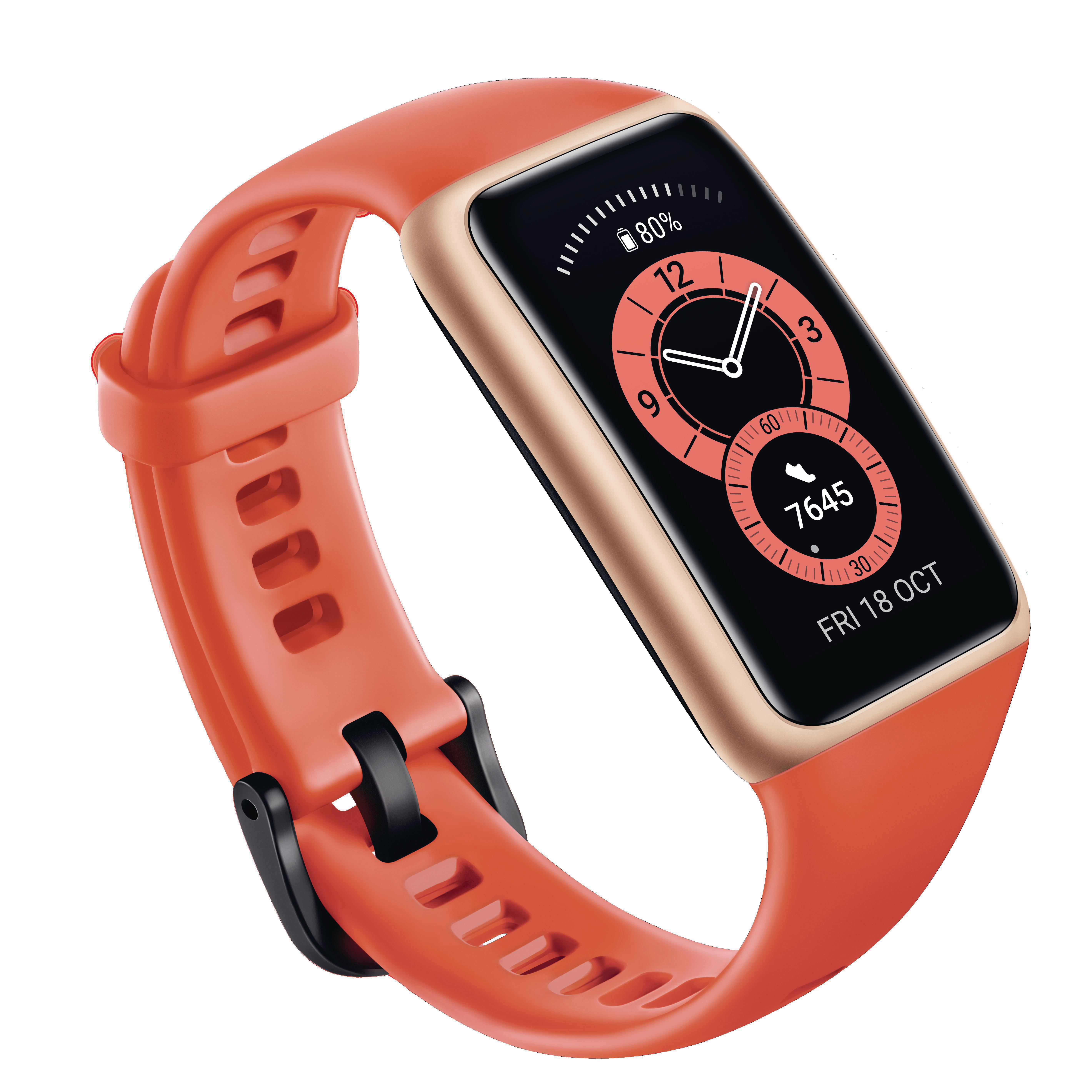 Orangene Fitness-Tracker-Uhr. Sie hat einen schwarzen Bildschirm, der Zeit und Aktivitätsdaten anzeigt. Es liegt auf einer weißen Oberfläche.