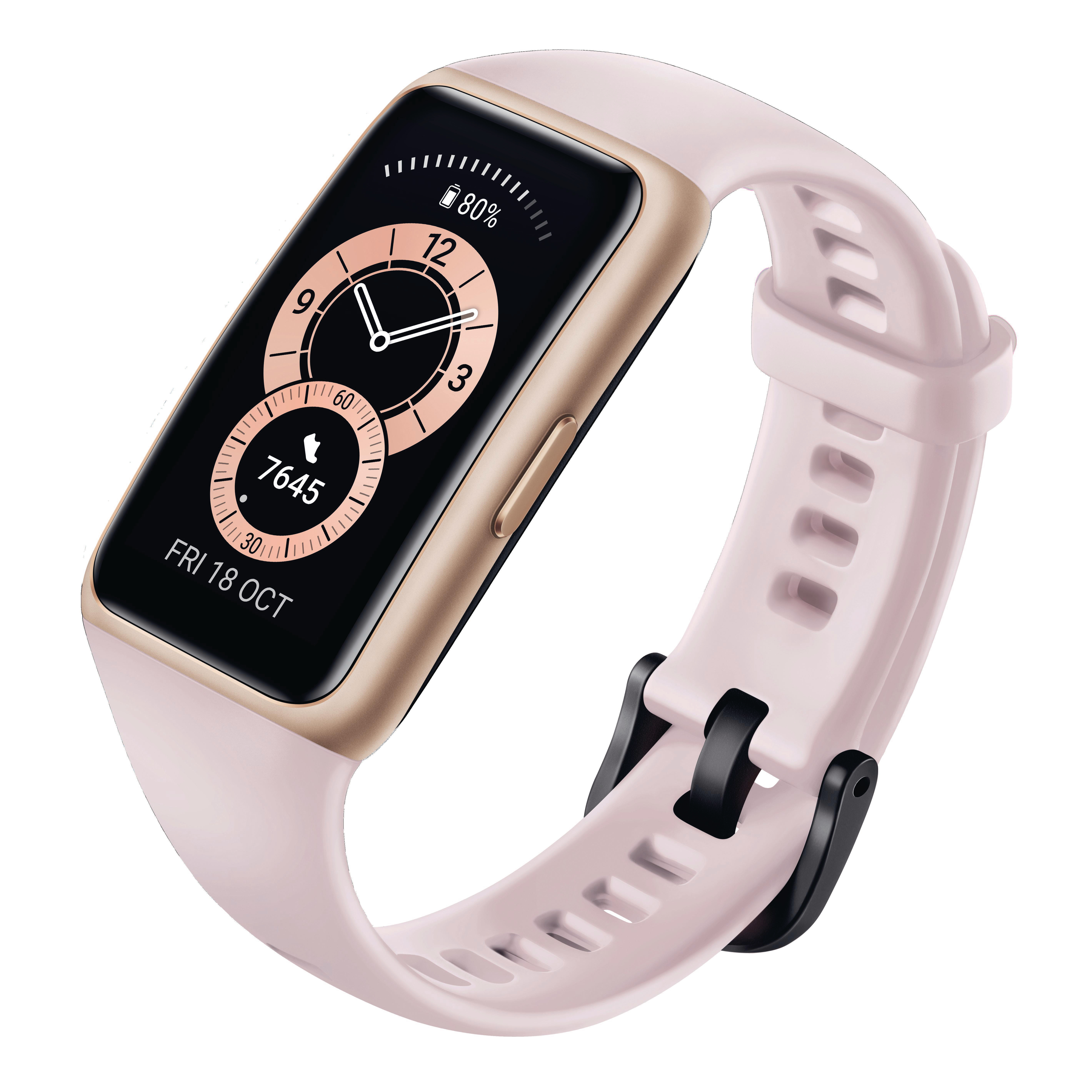 Rosafarbene Smartwatch mit goldenem Rahmen und schwarzer Schnalle.