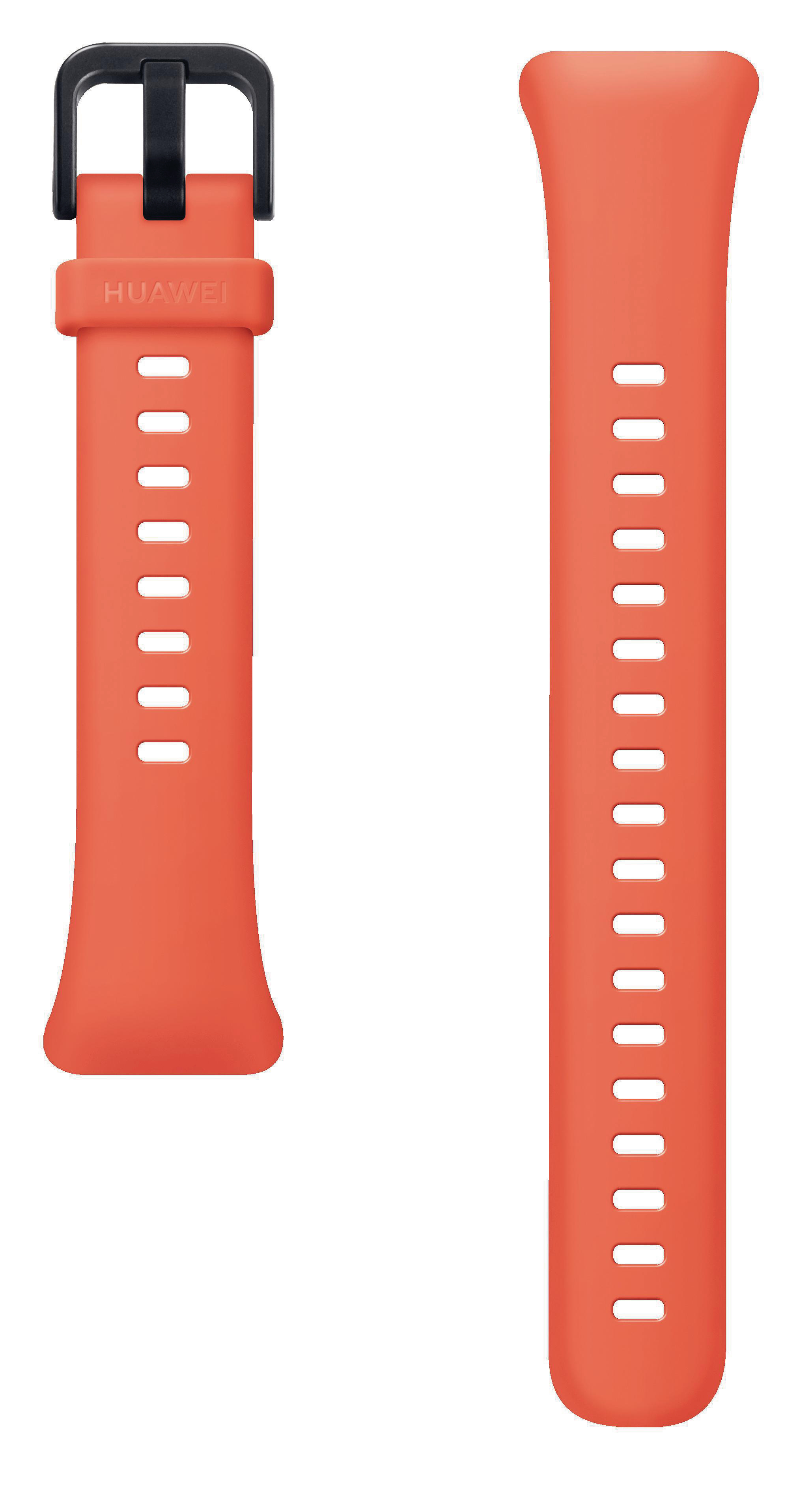 Zwei orangefarbene Uhrenarmbänder mit schwarzen Schnallen. Ein Armband ist an einer Schnalle befestigt, das andere ist abgenommen.