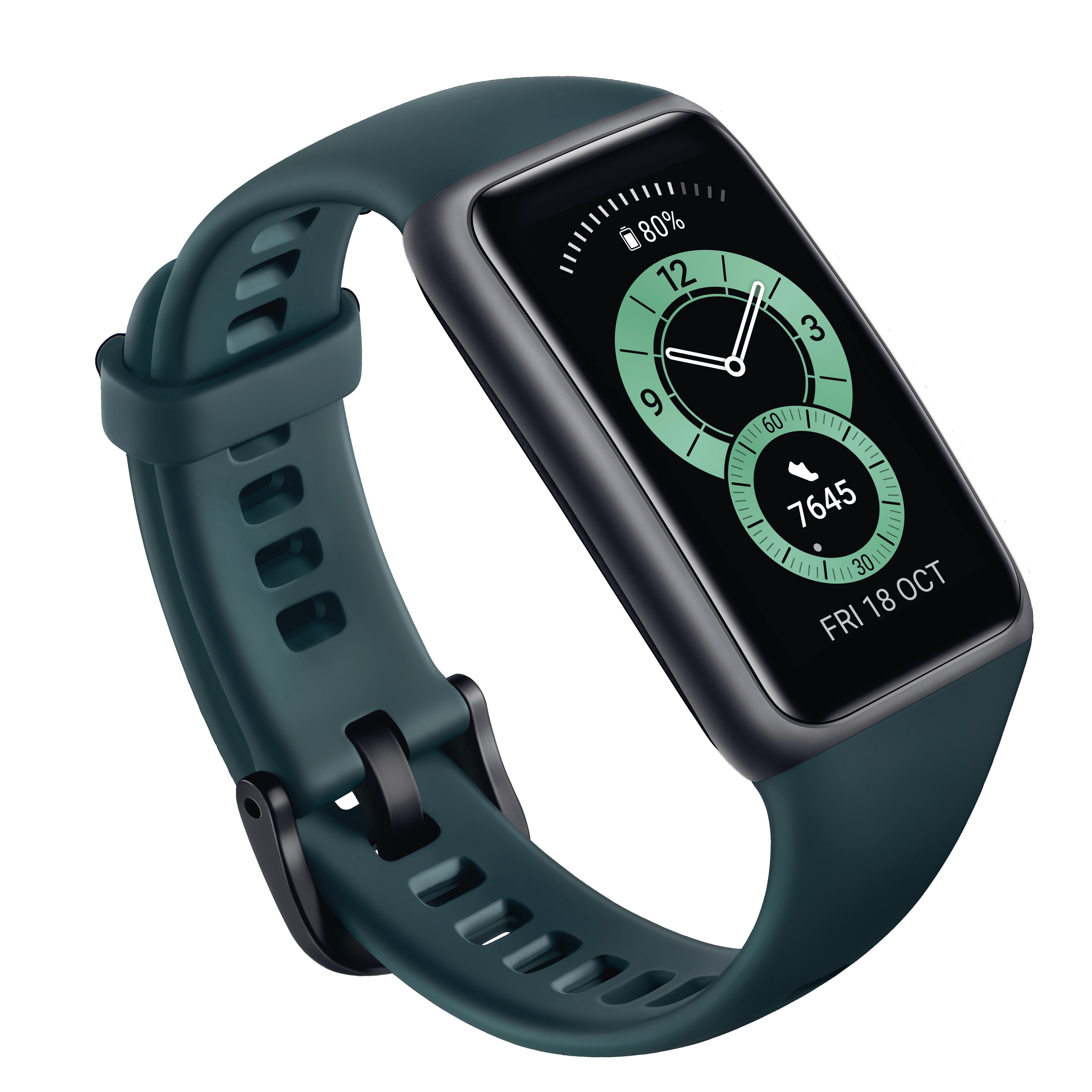 Dunkelgrüne Smartwatch auf weißem Hintergrund. Schwarzer Bildschirm mit Zeit- und Aktivitätsdaten.