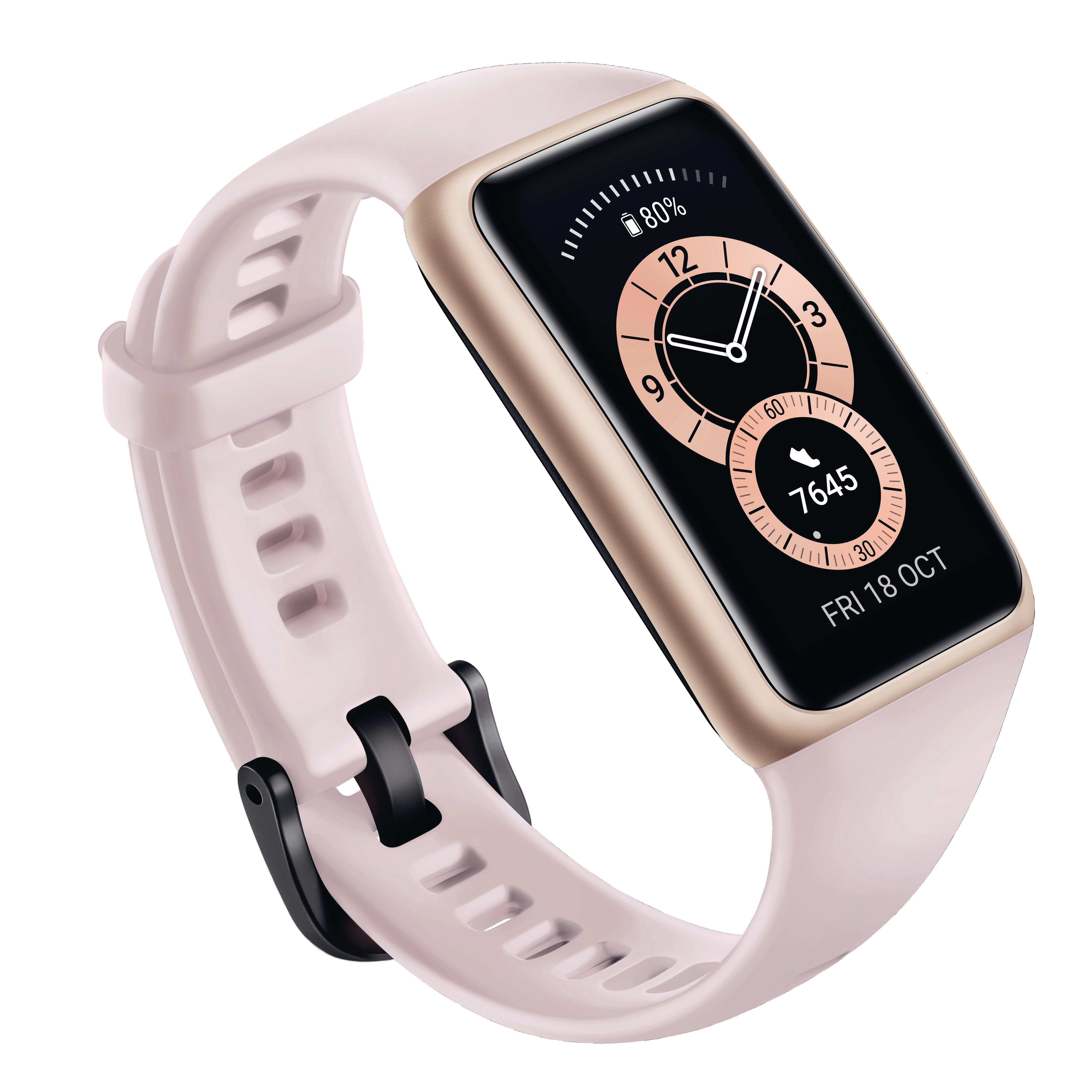Eine rosa-goldene Smartwatch, die Zeit und Aktivitätsdaten anzeigt.