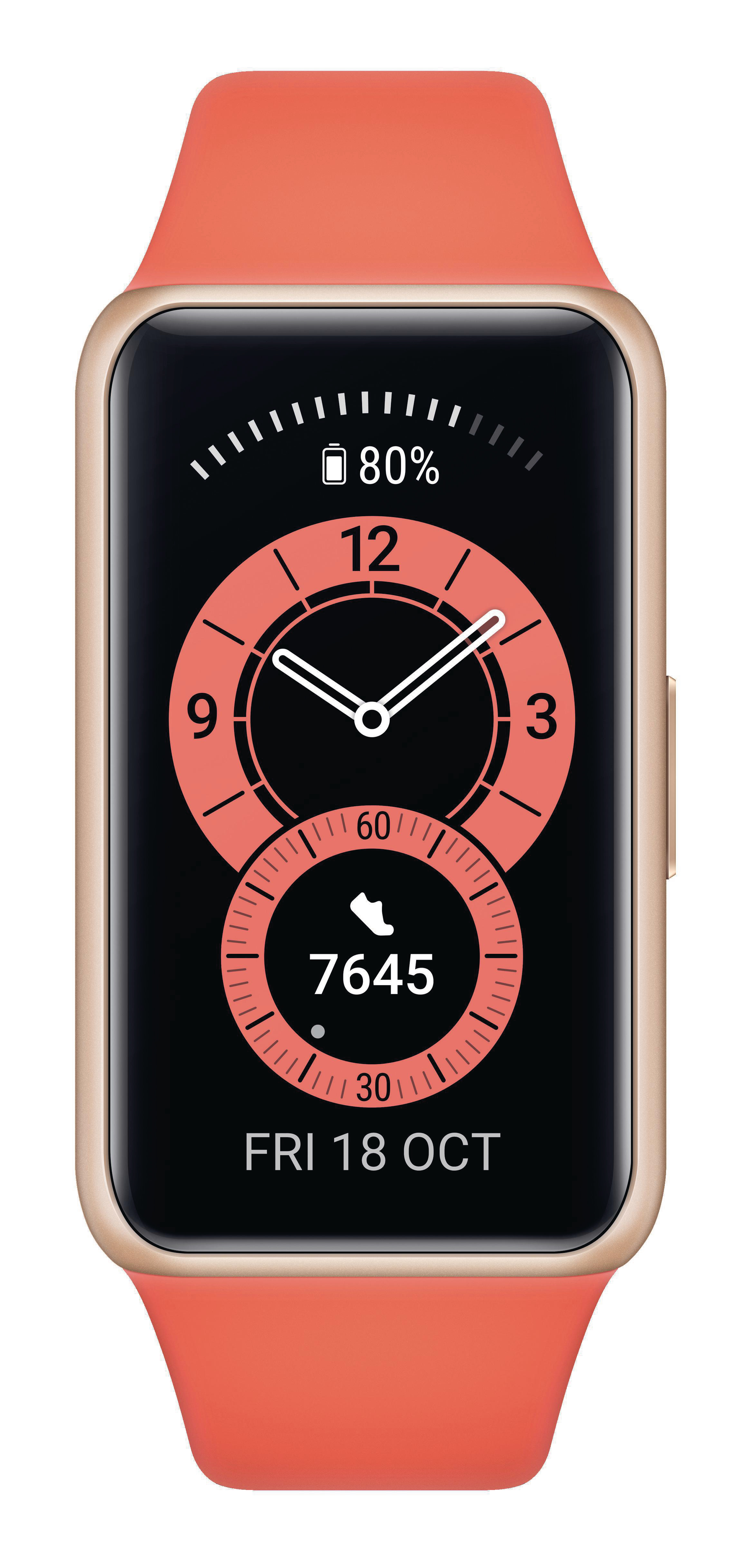 Smartwatch mit korallenfarbenem Armband, das Zeit, Datum, Akku und Schritte anzeigt.