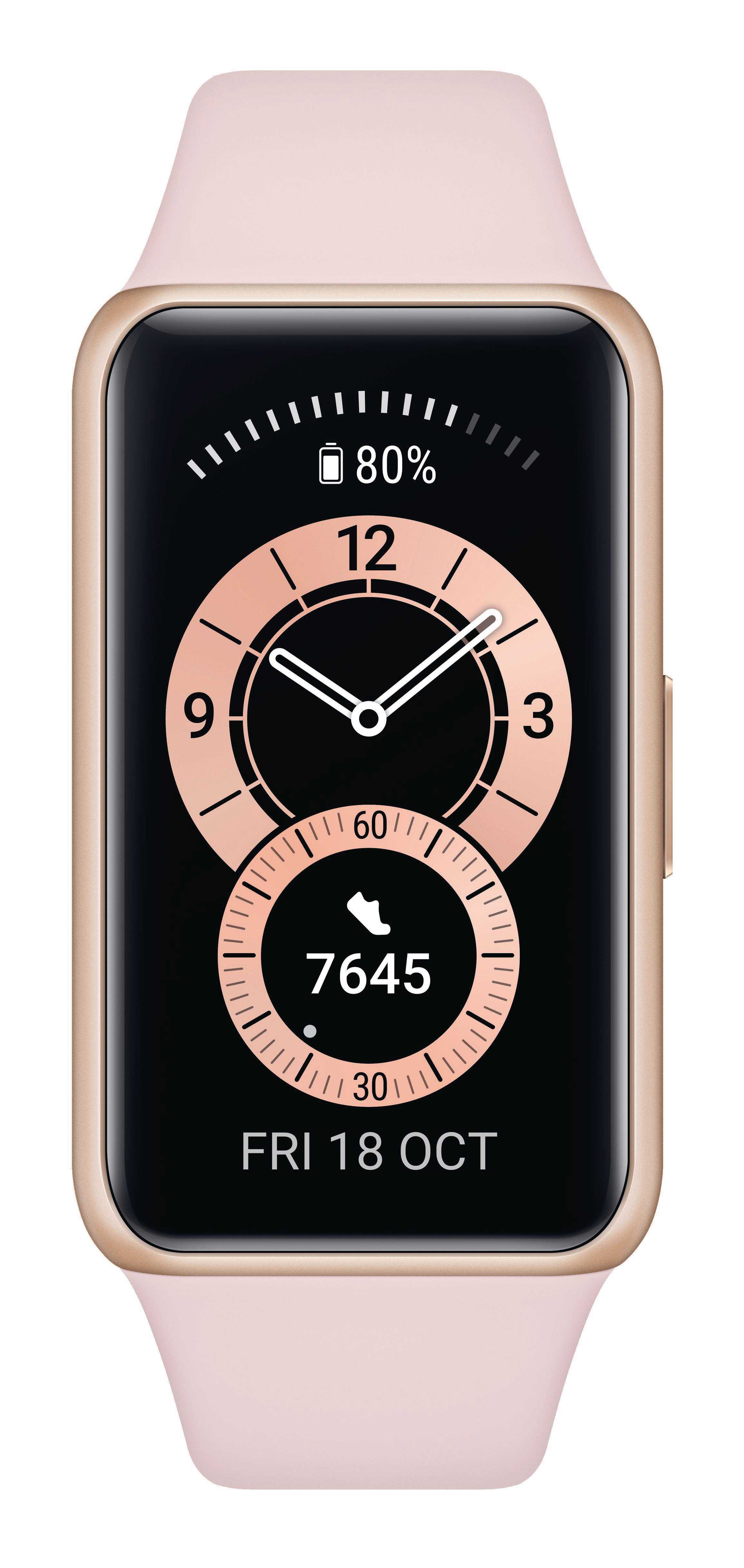Rosafarbene Smartwatch mit schwarzem Bildschirm, der Datum, Uhrzeit und Metriken zeigt.
