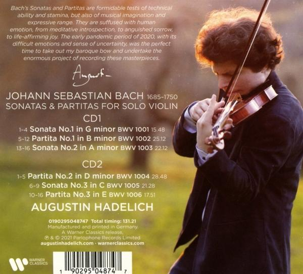 Ein Mann spielt Geige, mit Text über Johann Sebastian Bachs Sonaten.