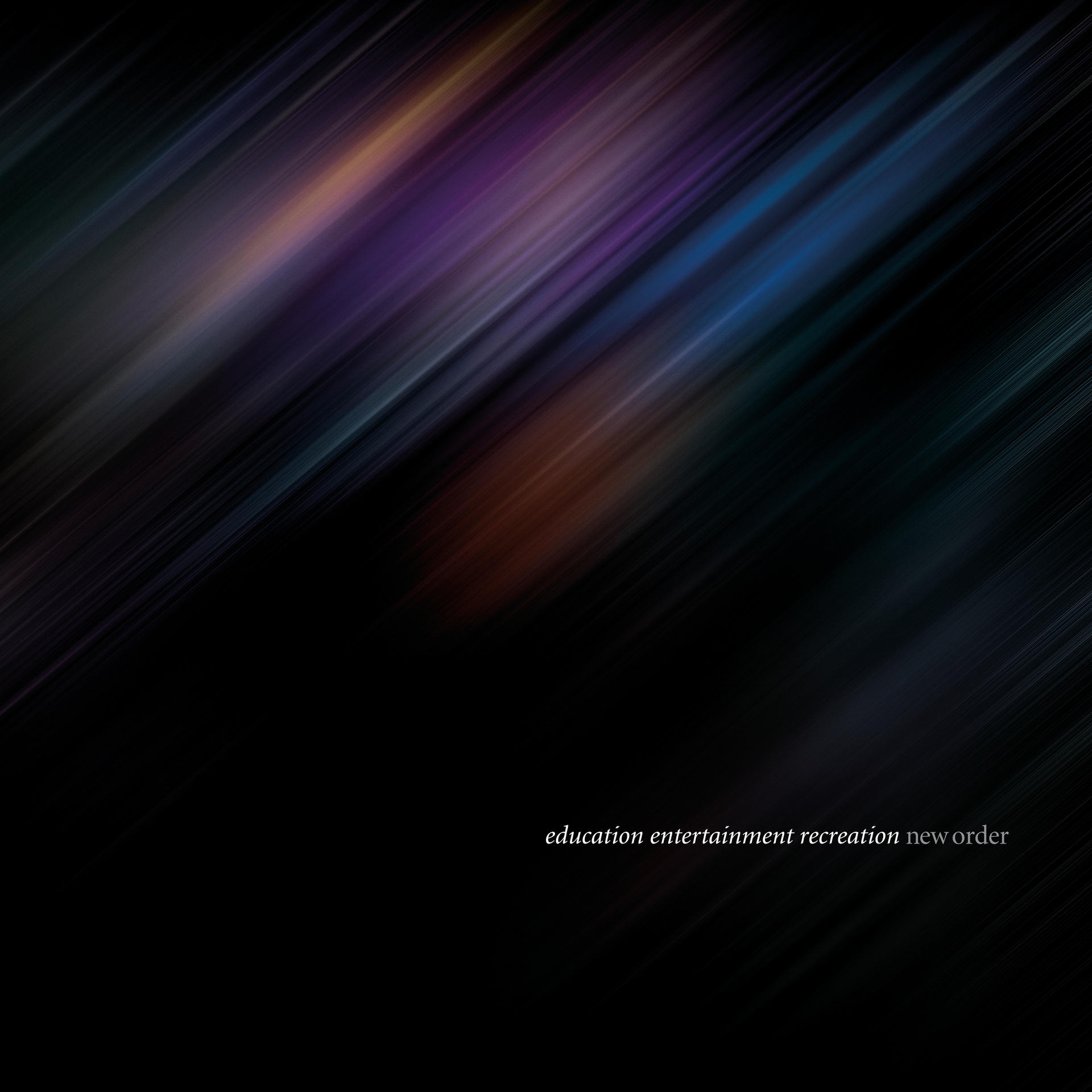 Abstraktes Bild mit diagonalen Linien, verschiedenen Farben und Text unten.