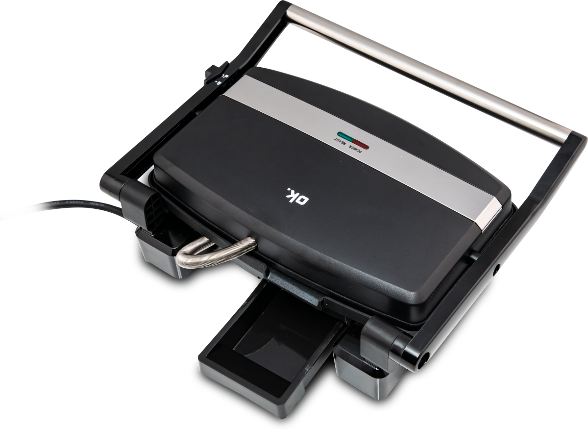 A black and silver grill. The grill is open, showing the inside and a tray.