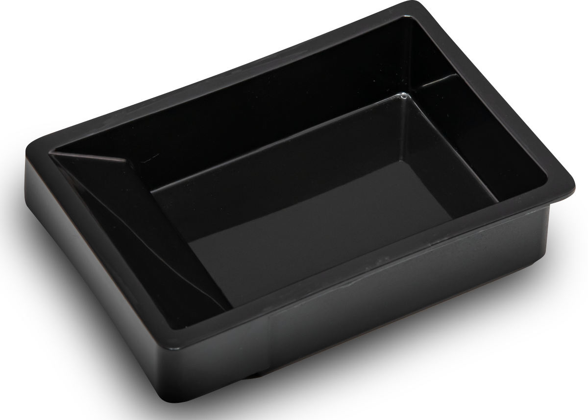 A black plastic rectangular tray, viewed at an angle, on a white background.