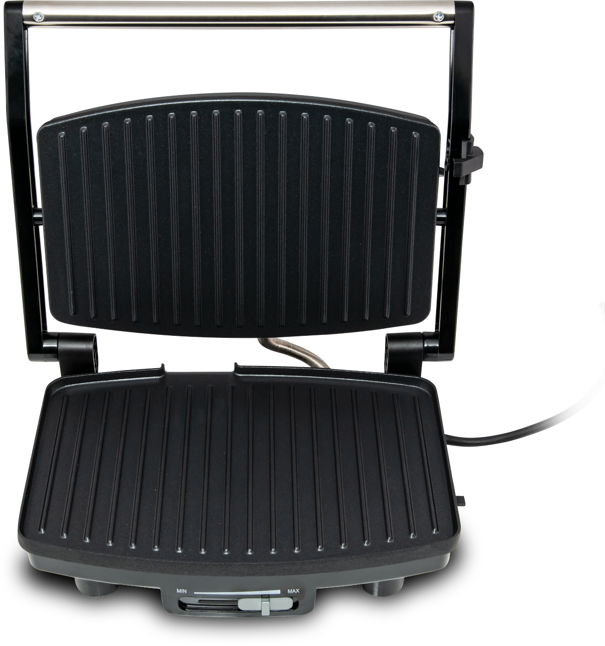 A black panini grill, open, showing interior grill plates and a handle.
