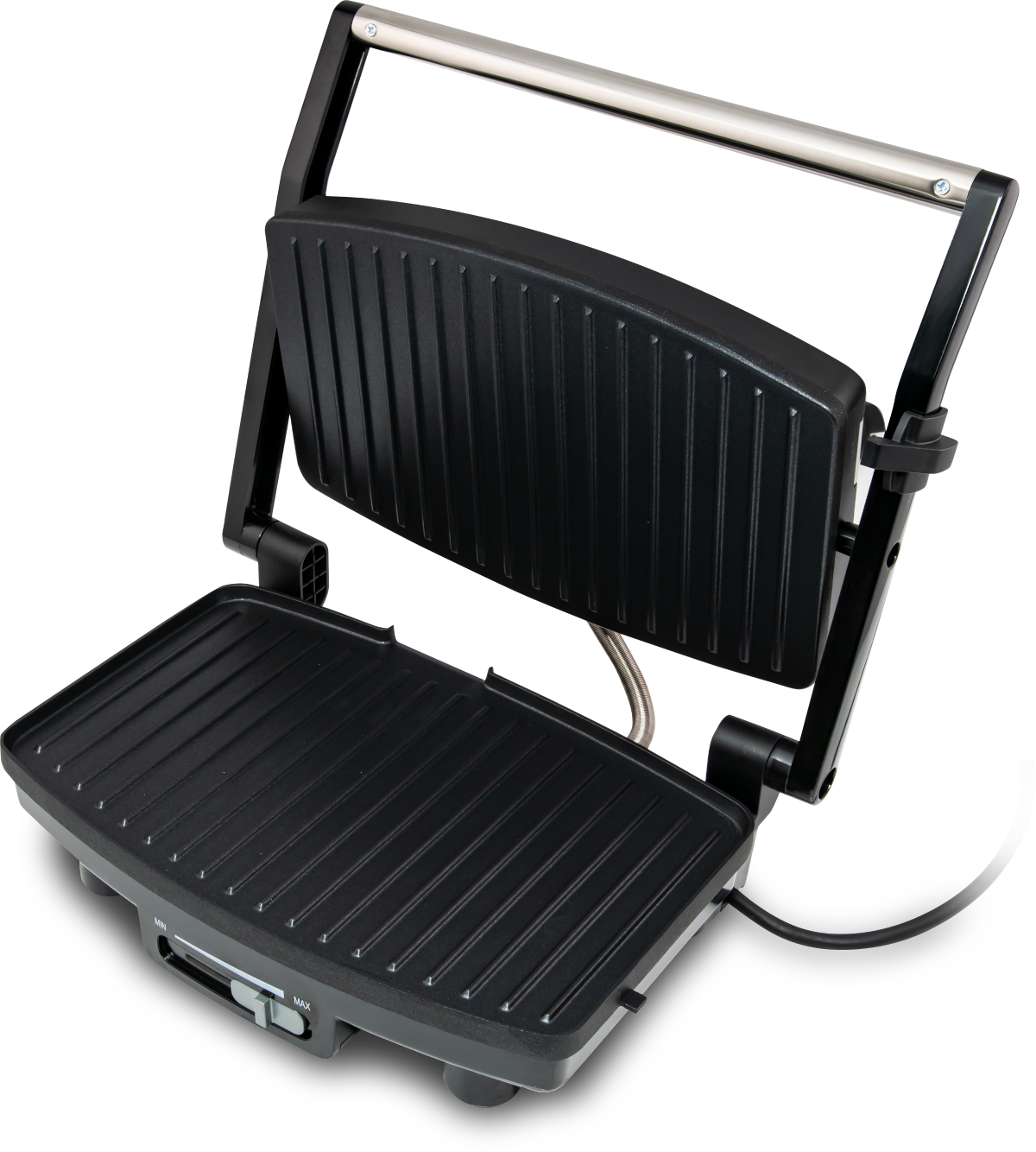 Black panini grill. Top part is open, showing the grooved cooking surface. Silver handle.