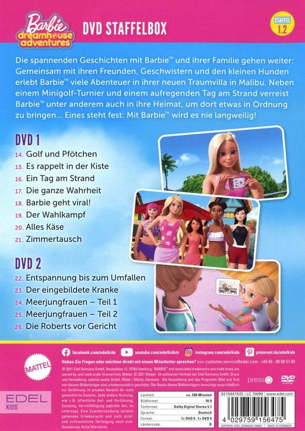 DVD-Box-Set von Barbie Dreamhouse Adventures. Das Cover zeigt Barbie und Freunde. Text ist auf Deutsch.