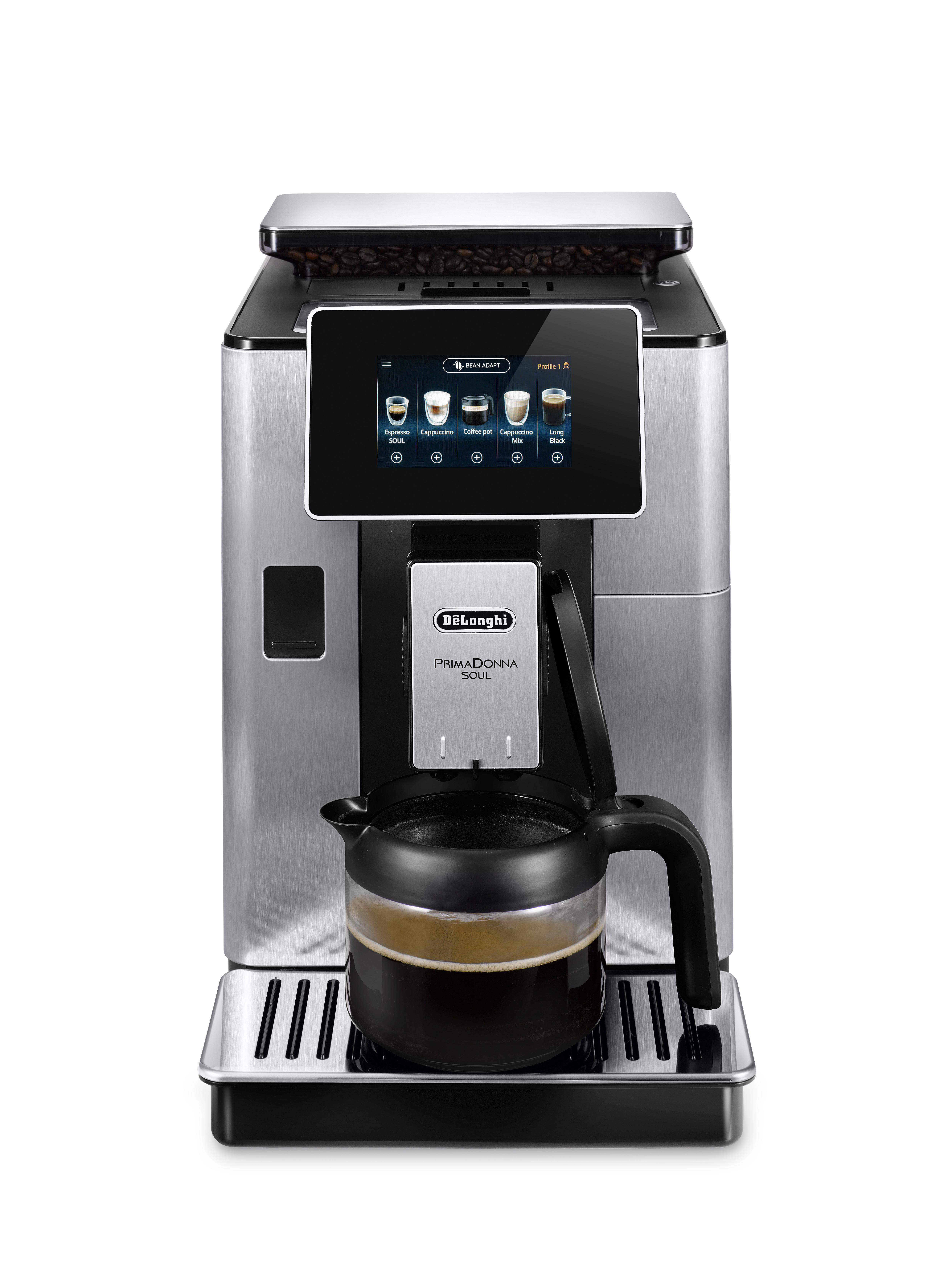 Silber-schwarze De'Longhi Kaffeemaschine. Sie hat ein Display und eine Glaskaraffe.