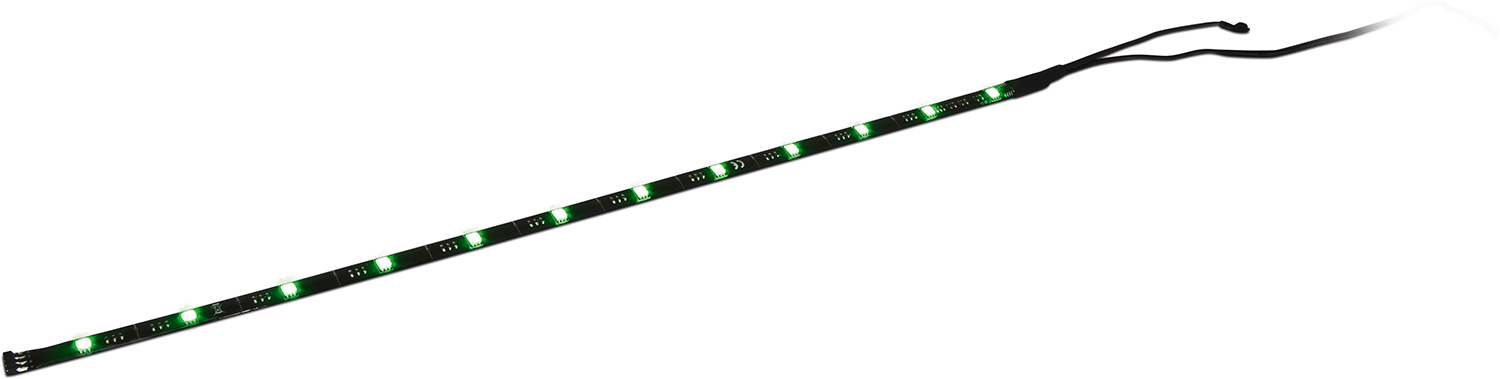 Een lange, zwarte printplaat met groene LED-lampjes, met zwarte draden.