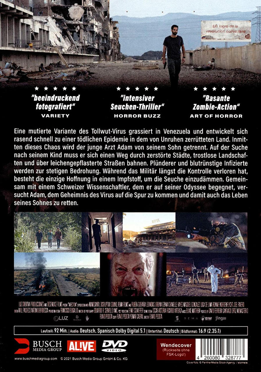 Ein Filmplakat mit Text und Bildern einer postapokalyptischen Szene.